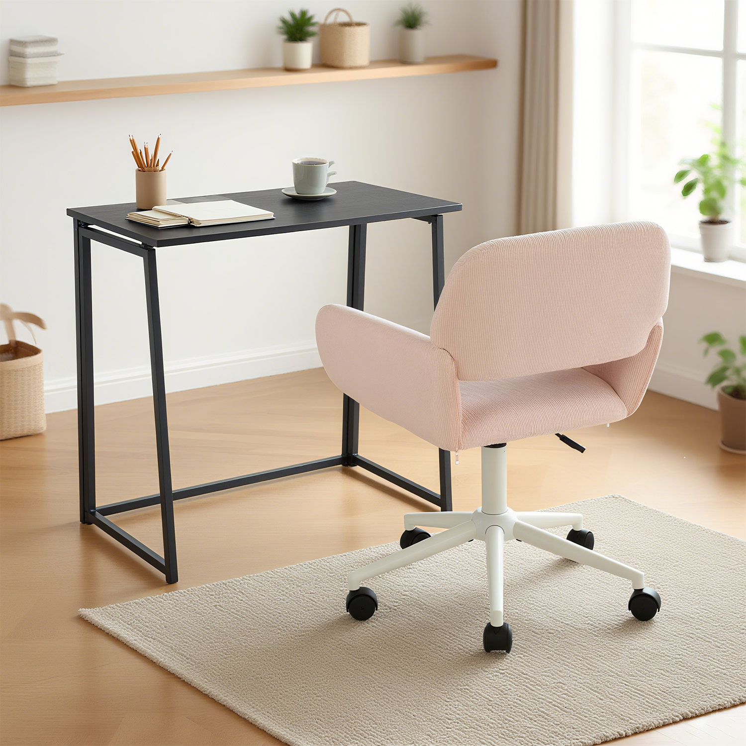 Ensemble bureau pliable en métal noir et fauteuil de bureau en velours côtelé rose âââââââ€?ASCOLI & ROSS