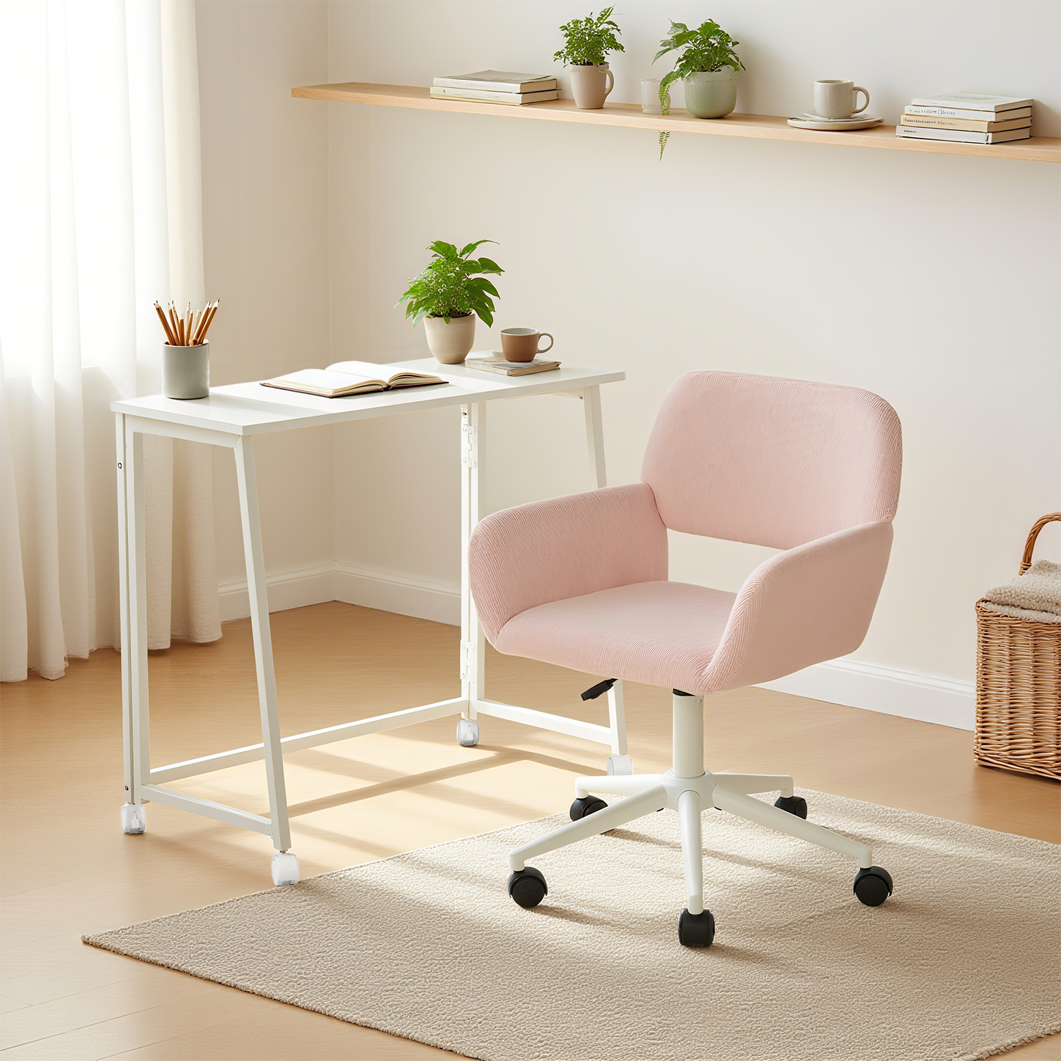 Ensemble avec bureau pliable blanc à roulettes et fauteuil en velours côtelé vert olive âââââââ€?ASCOLI & ROSS