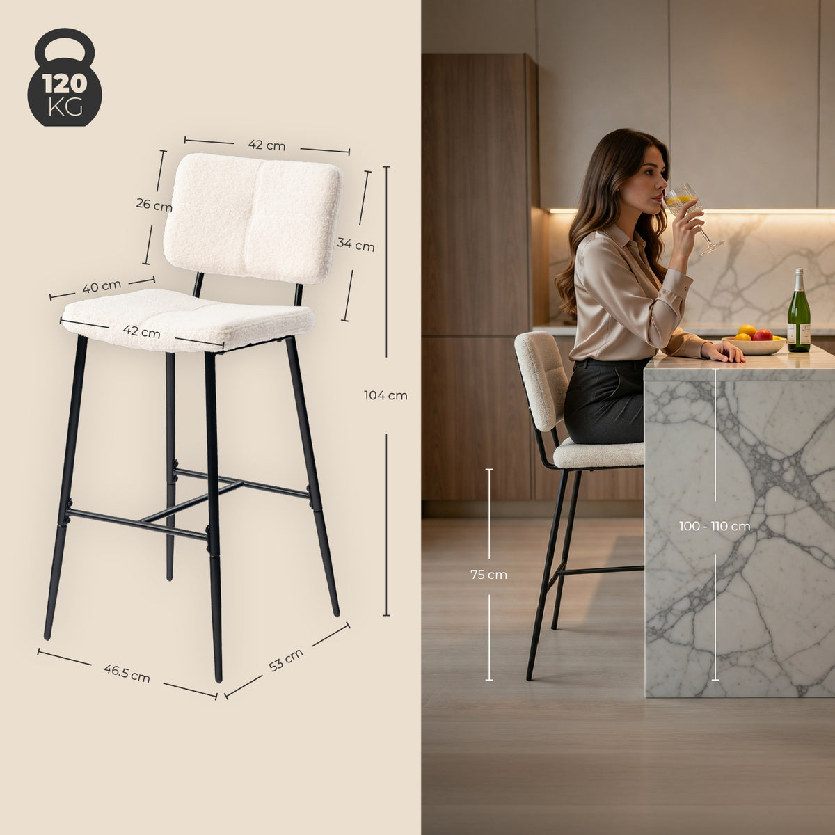 Lot de 4 tabourets de bar scandinaves avec dossier en tissu mouton bouclette beige - POMONA BAR