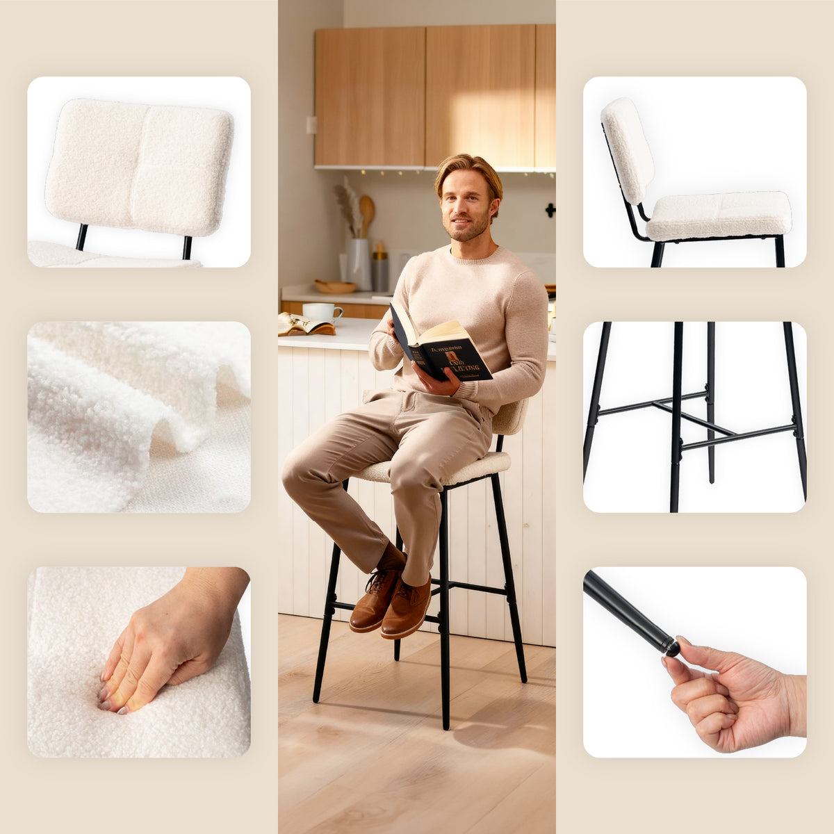 Lot de 4 tabourets de bar scandinaves avec dossier en tissu mouton bouclette beige - POMONA BAR