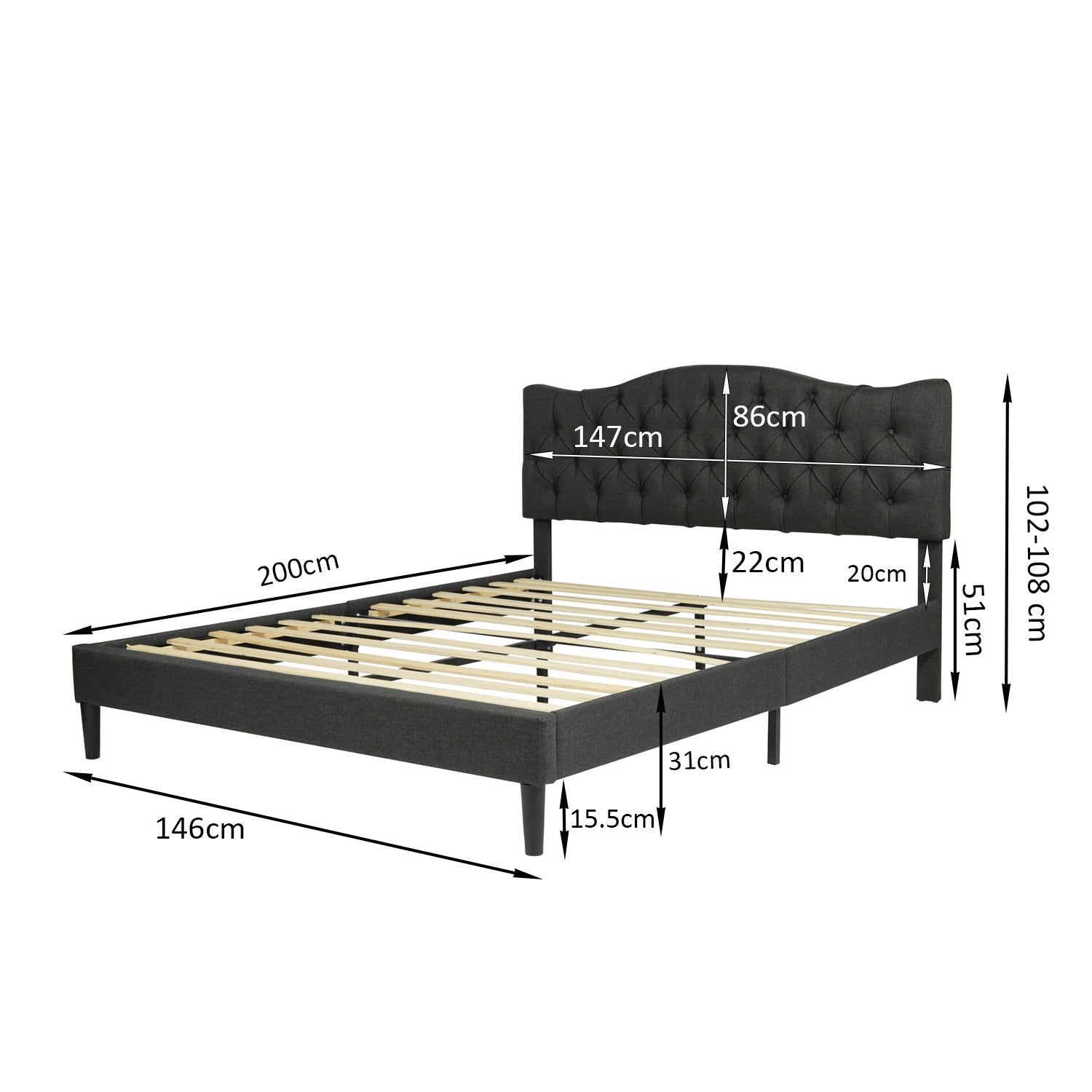 Lit double (140 x 190cm) avec tête de lit capitonnée en tissu gris (matelas non inclus) - LEON