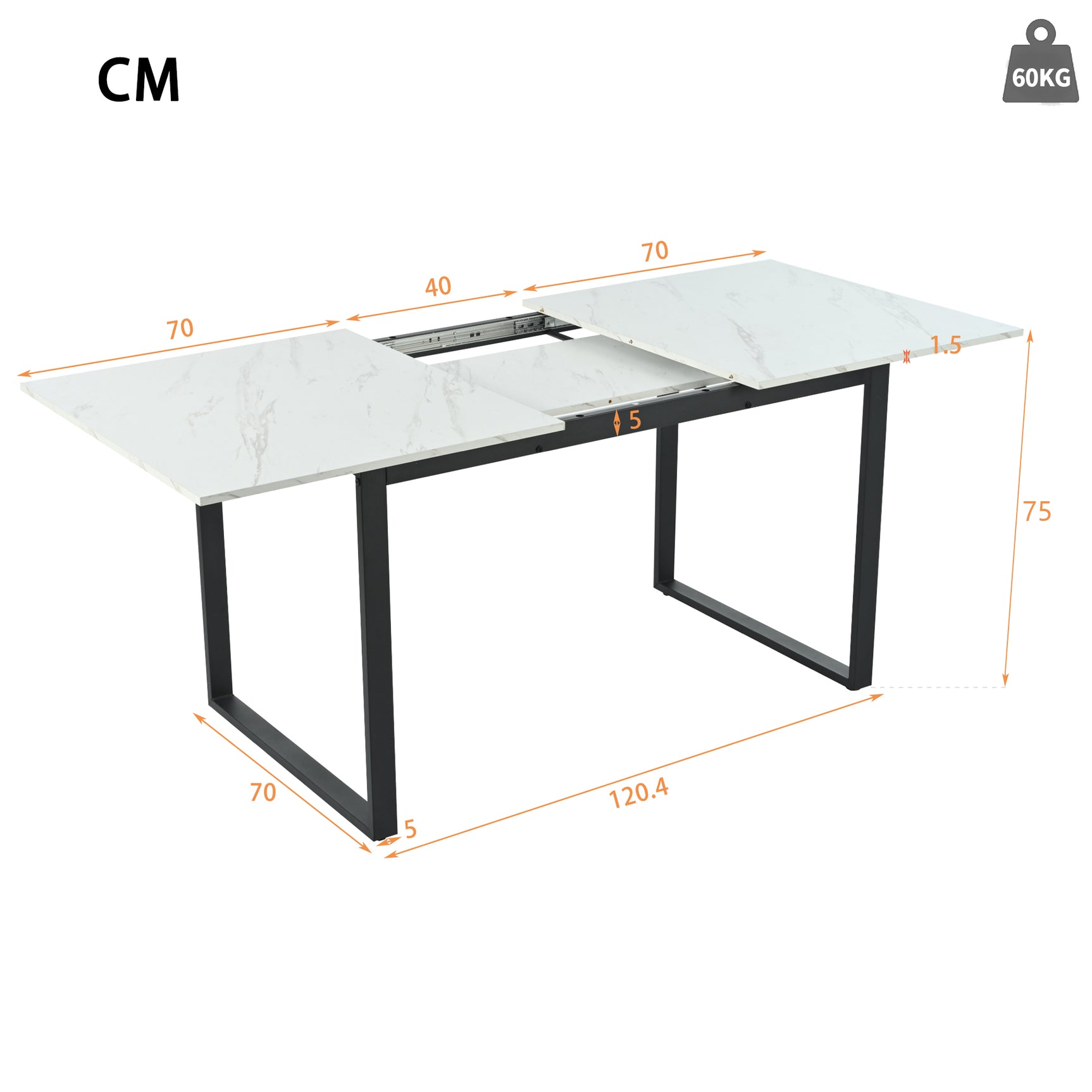 Ausziehbarer Esstisch 140/180 x 80 x 75 cm mit MDF-Platte in weißem Marmoreffekt und schwarzen Metallbeinen