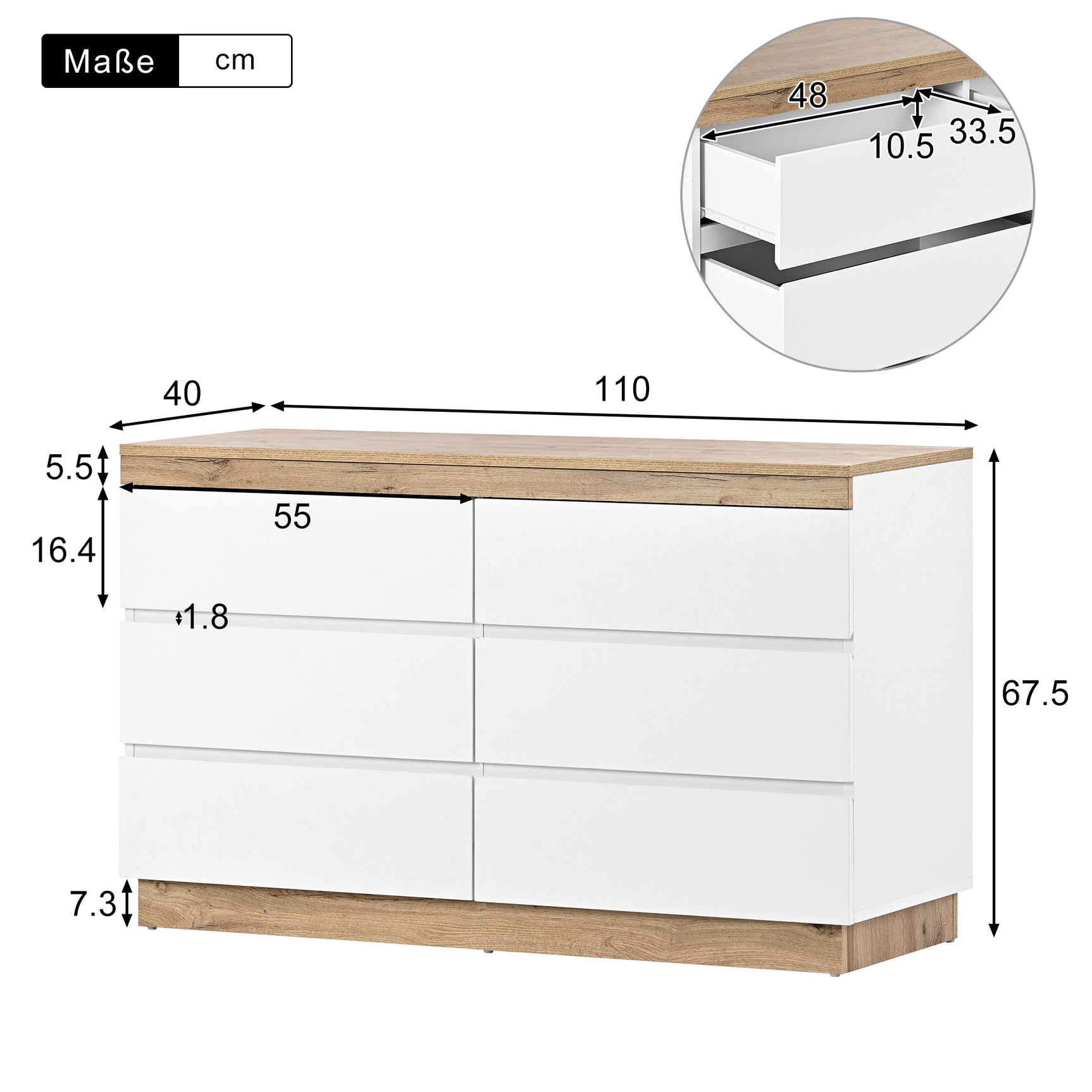 Commode blanche et chêne en panneau de particules E1 avec 6 tiroirs spacieux