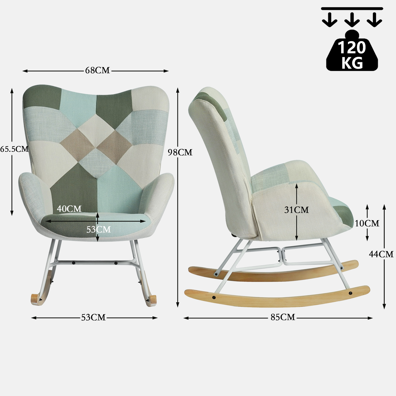 Scandinavian breastfeeding armchair with armrests in Aqua padded patchwork fabric - Epping