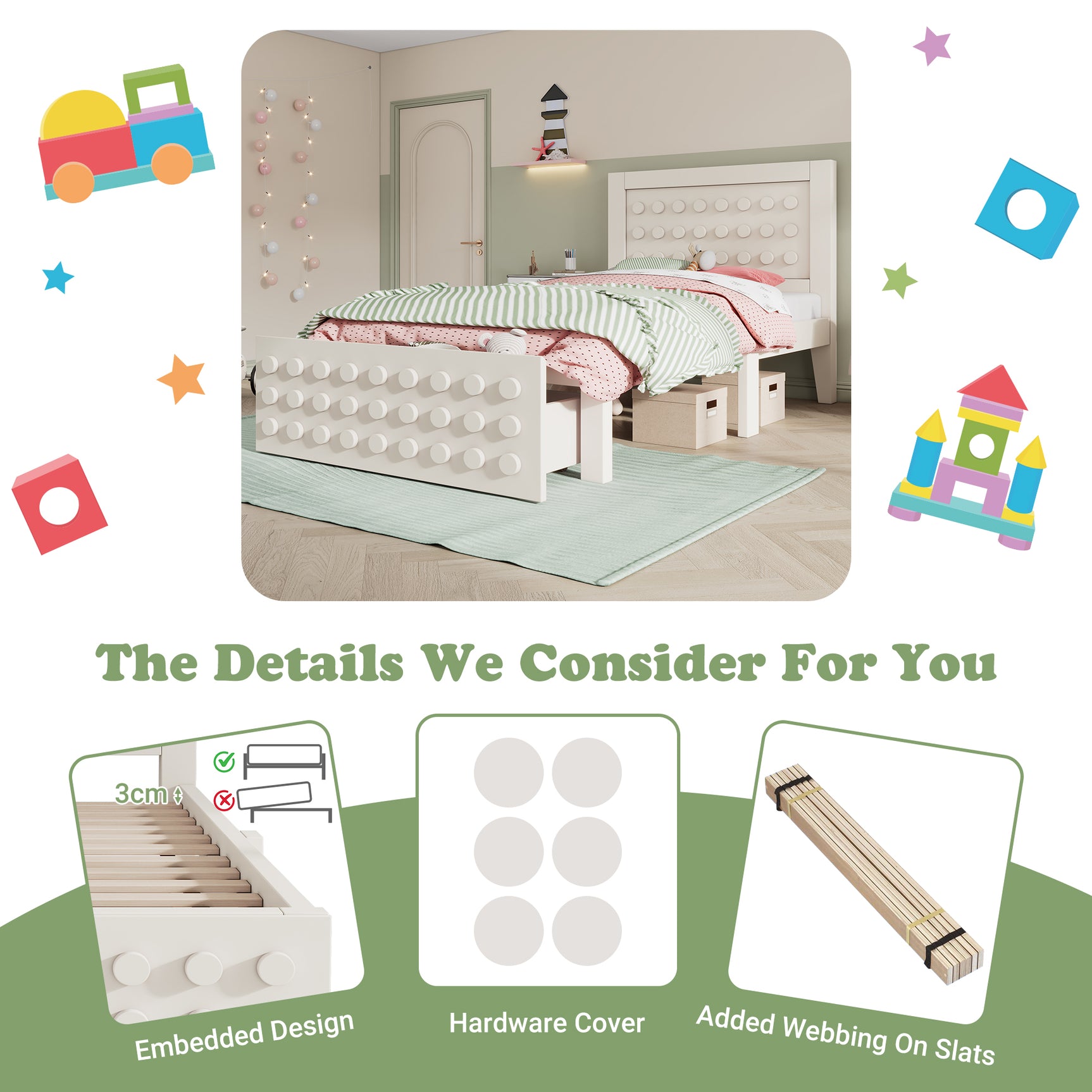 White child bed 90x200 cm with storage drawer and creative design in blocks, solid wood frame