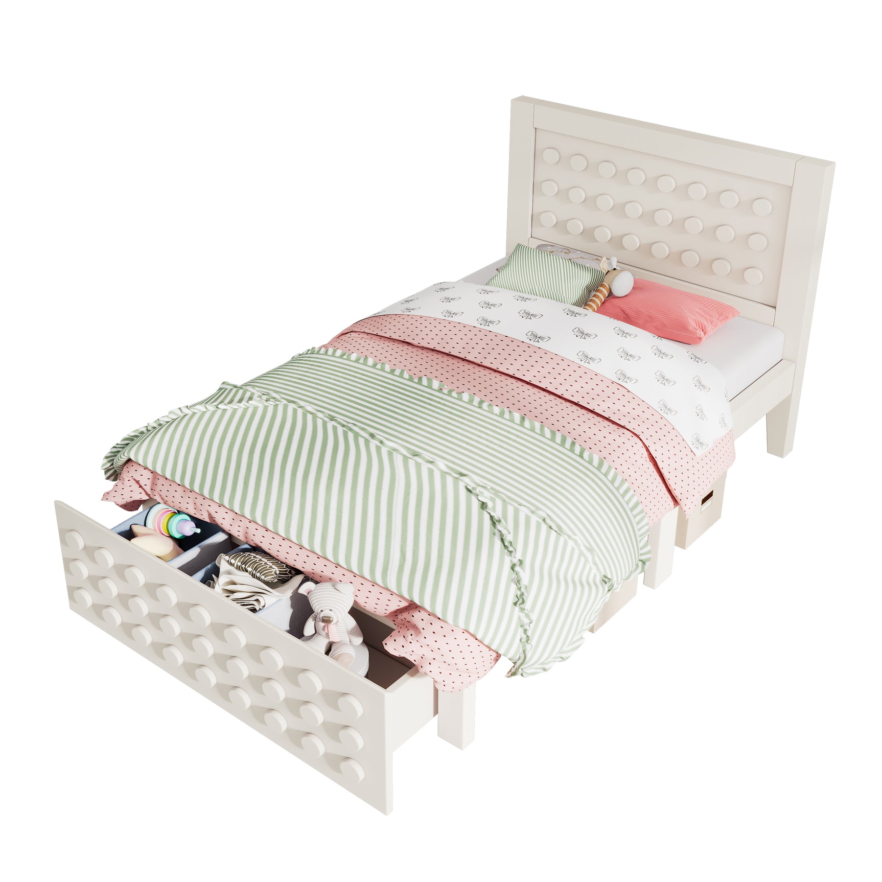 White child bed 90x200 cm with storage drawer and creative design in blocks, solid wood frame