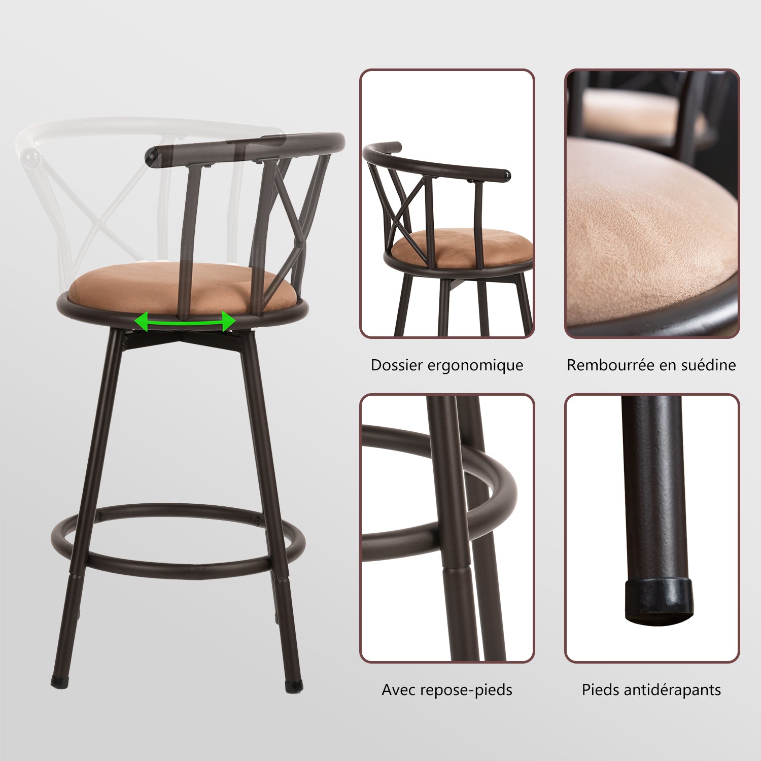 Set of 4 pivoting industrial bar stools with brown fabric file - Hailey 24