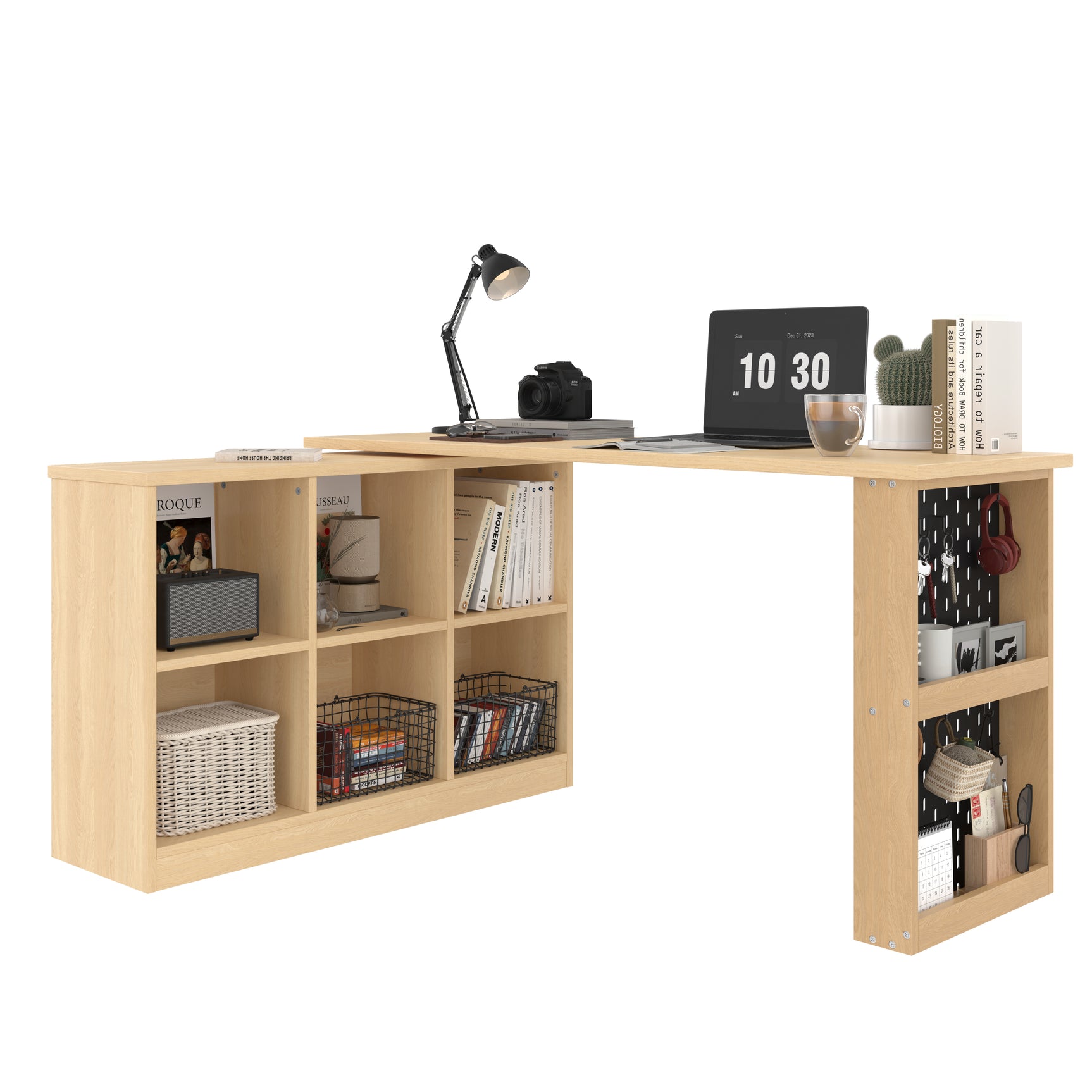 Multifunctional desk 140x104x75 cm in MDF wood with 6 storage compartments, thick tray, shelf and perforated metallic panel