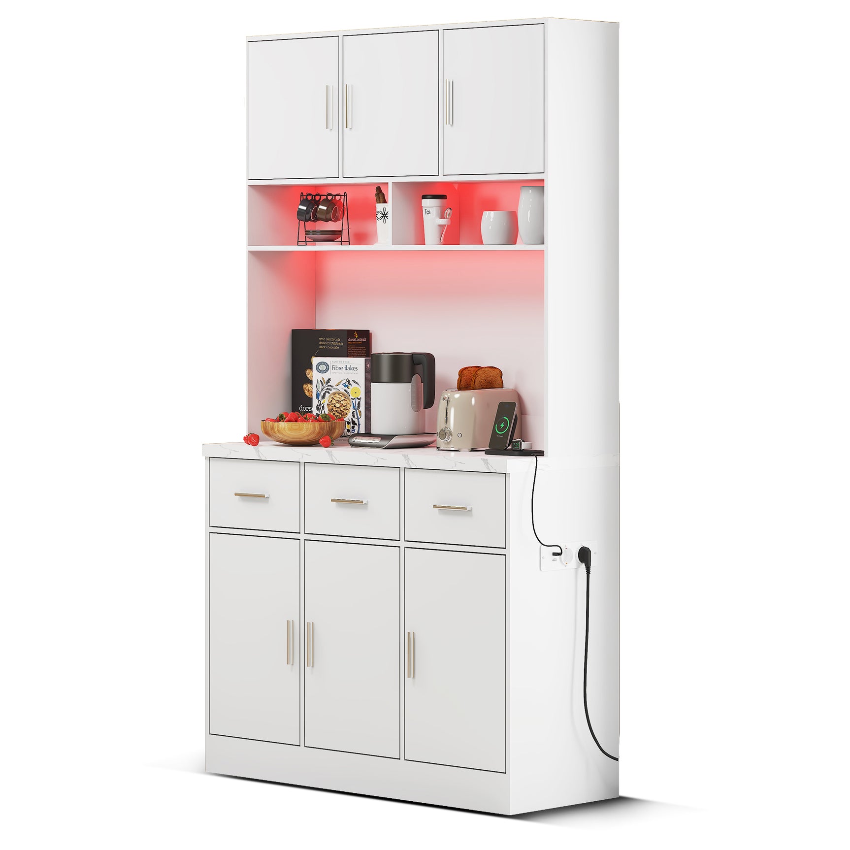 Buffet de cuisine multifonction 100x40x180 cm en MDF blanc avec LED télécommandées, prises électriques, ports USB, tiroirs et étagères réglables