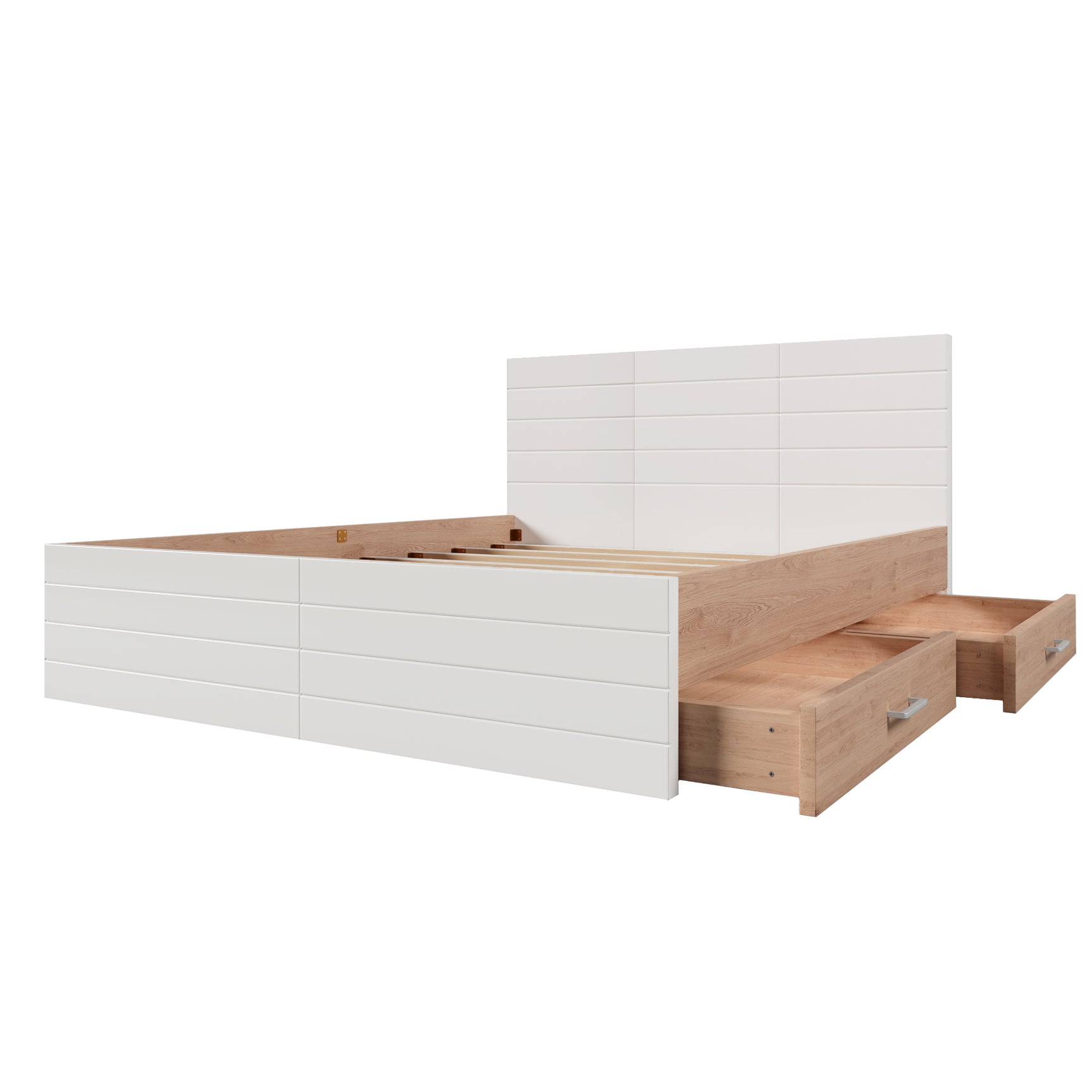 Lit double 140x200 cm en bois avec sommier à lattes et 2 tiroirs de rangement (sans matelas)