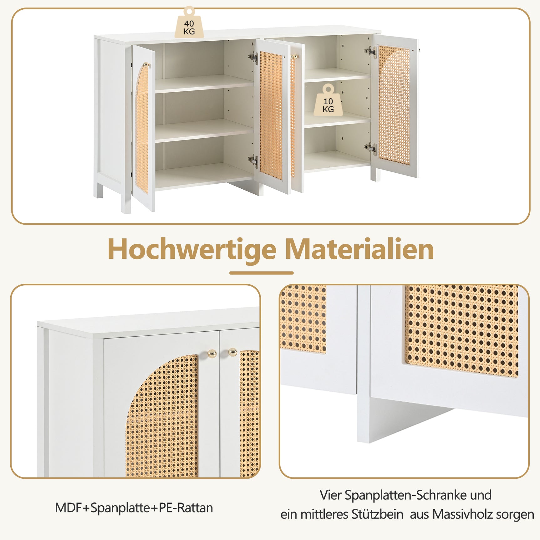 Modernes weißes Buffet in MDF mit 4 Pe -Rattan -Türen und Metallgriffen