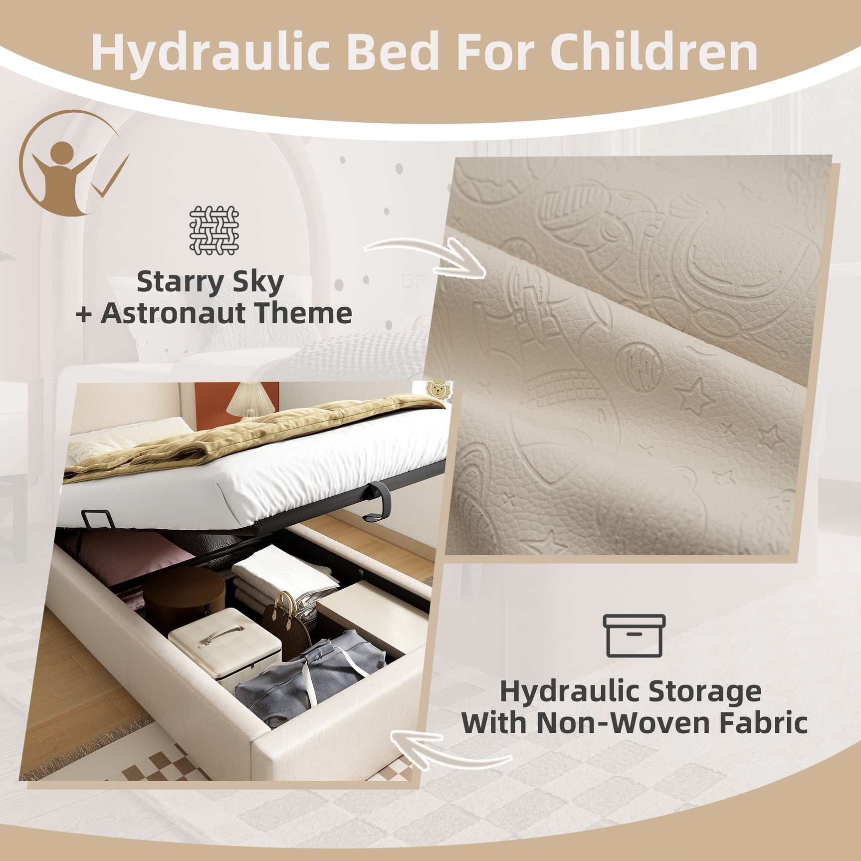Children's bed 90 × 190 cm padded (without mattresses) PU beige with arched headboard