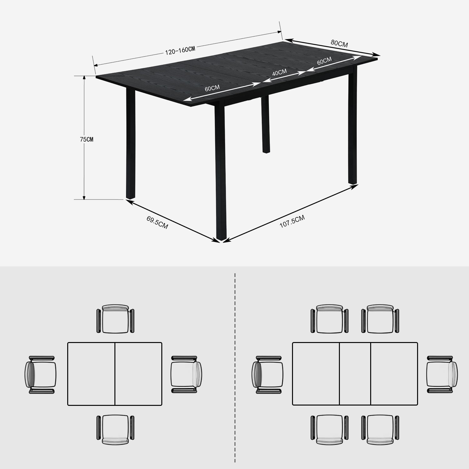 Ensemble table à manger extensible noire et 4 chaises en tissu vert, style scandinave