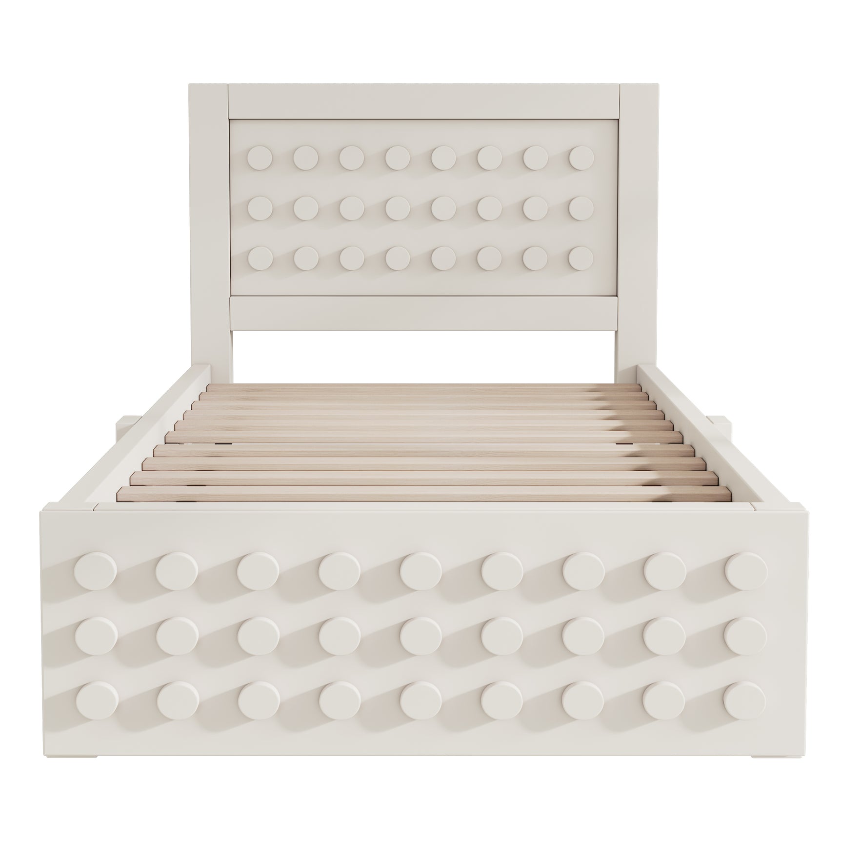 White child bed 90x200 cm with storage drawer and creative design in blocks, solid wood frame
