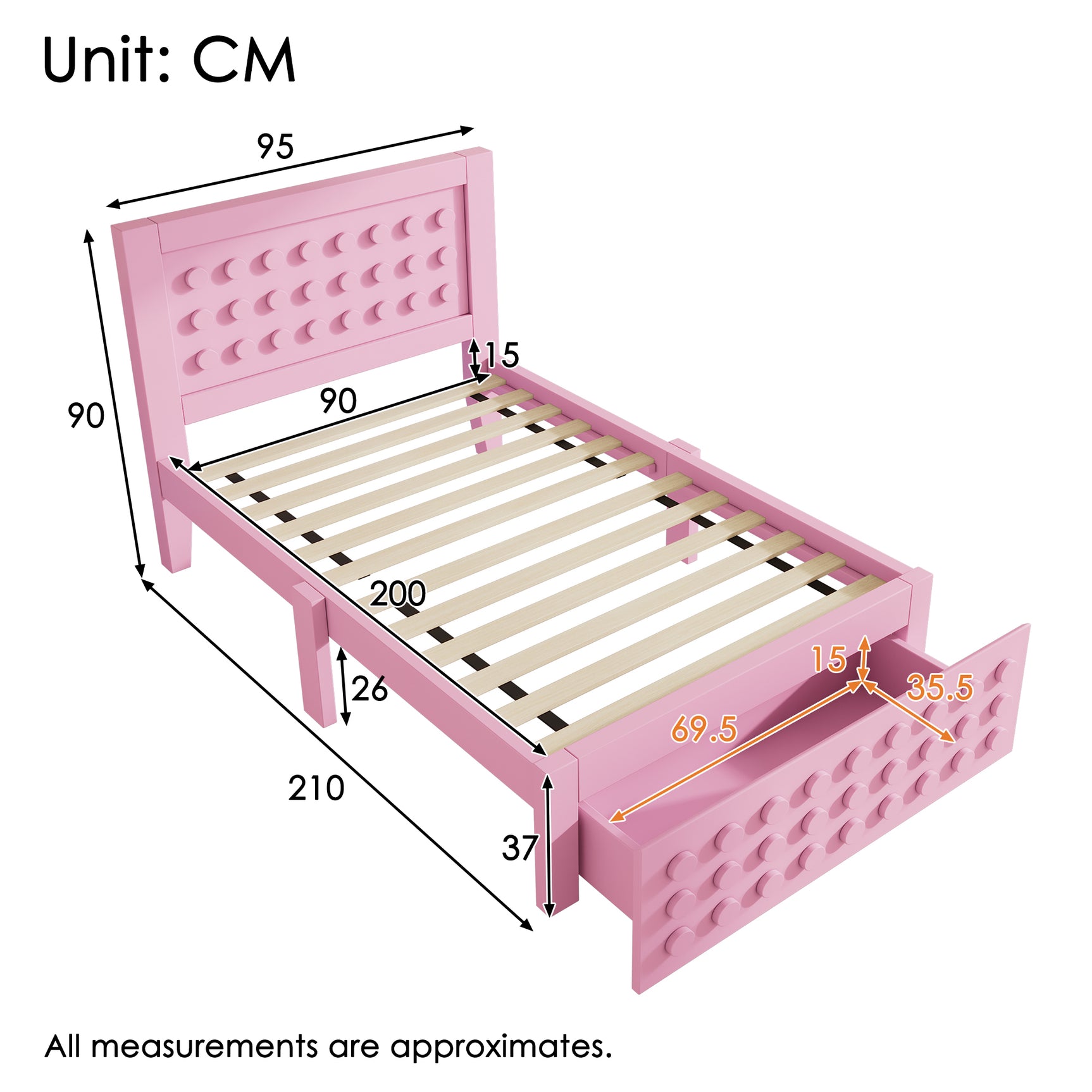 Pink child bed 90x200 cm with storage drawer and creative design in blocks, solid wood frame
