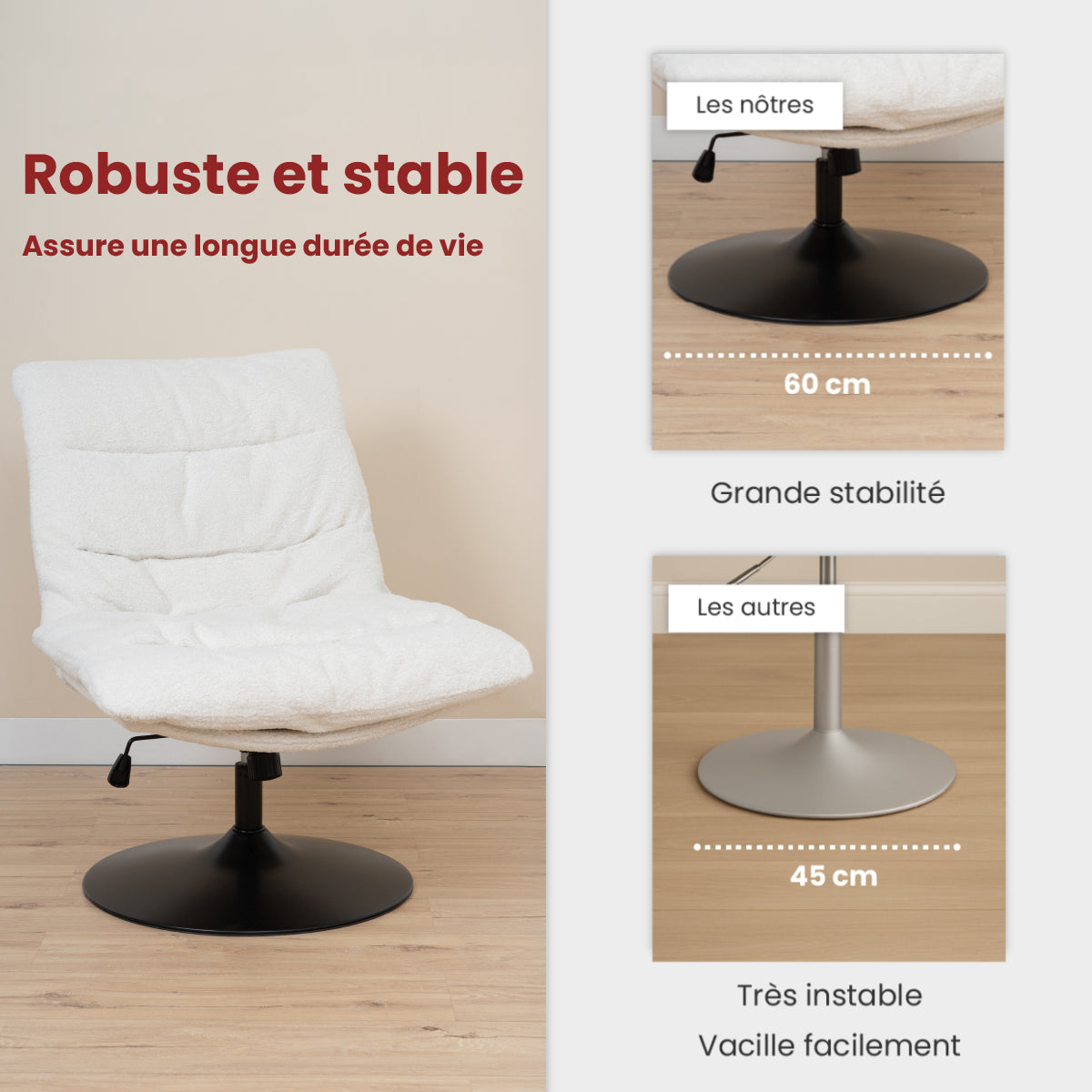 Fauteuil de loisirs réglable tissu mouton bouclette blanc pivotant à 360° - LAMBERY