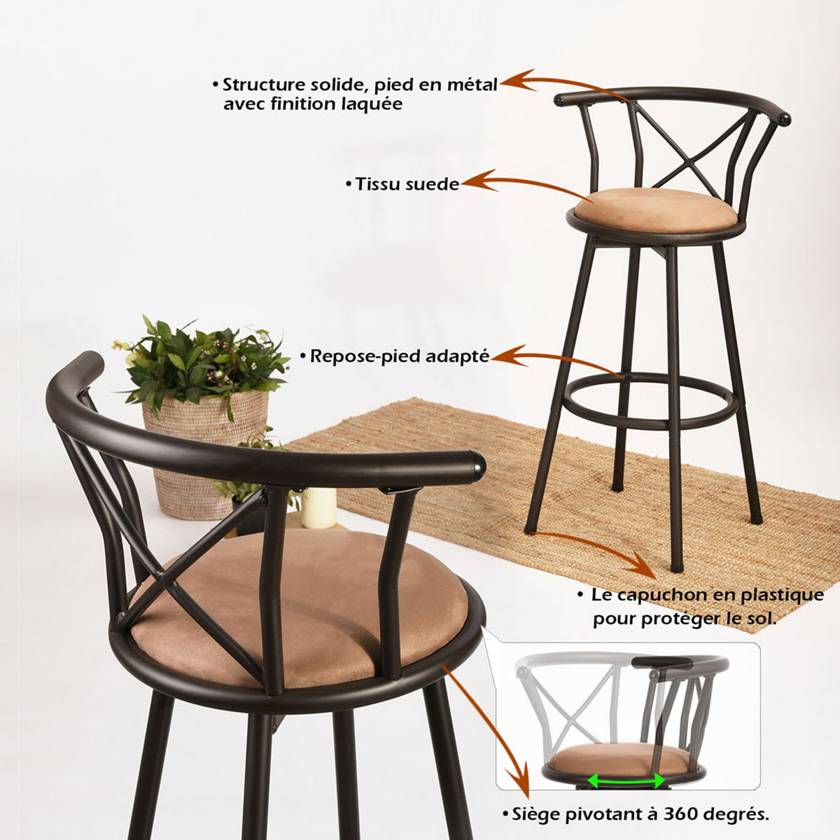 Lot de 2 tabourets de bar industriels pivotants avec dossier en tissu marron - HAILEY 29