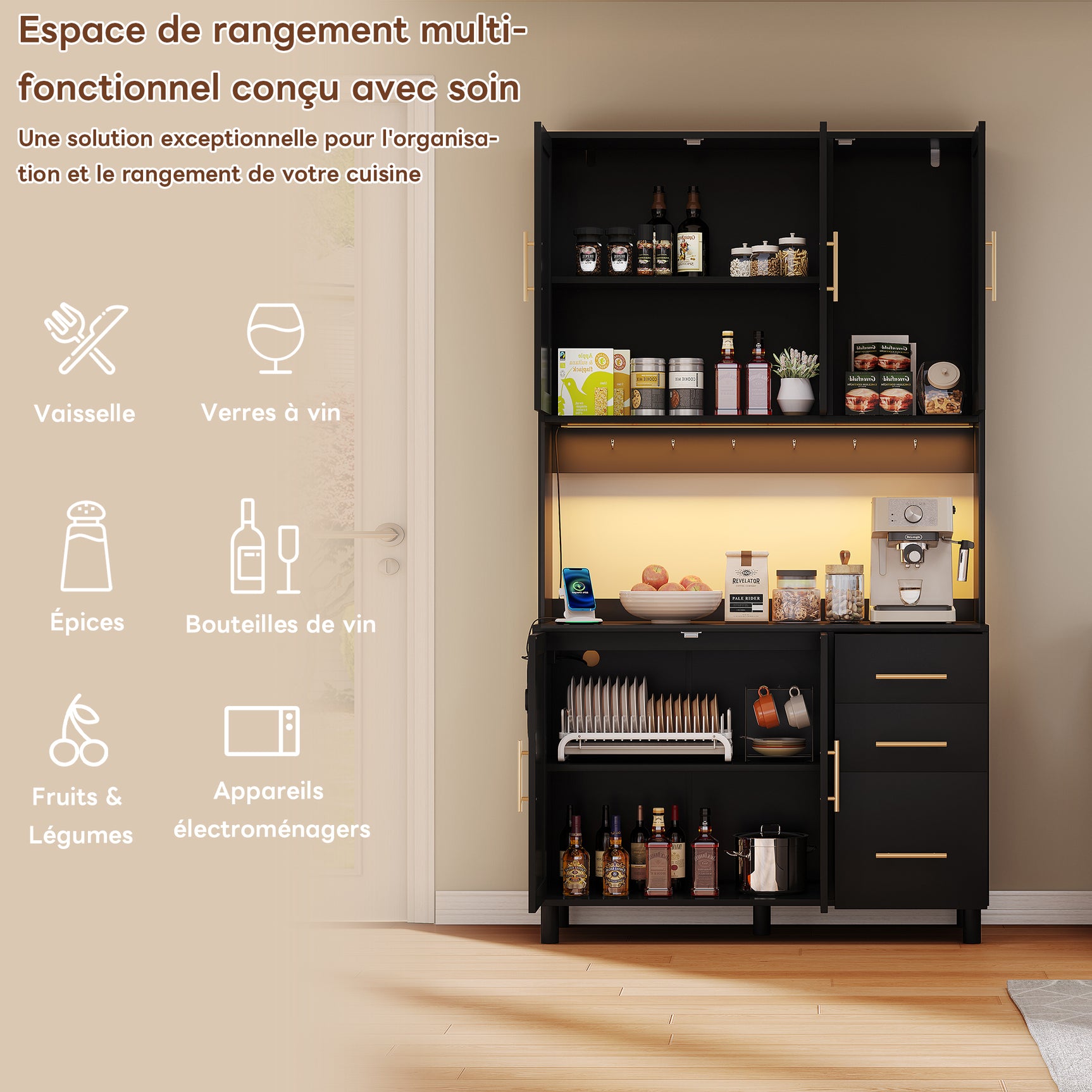 Buffet de cuisine 183 cm avec éclairage LED contrôlé par application, 2 ports USB, 2 prises, 3 tiroirs, étagères réglables et poignées dorées â€?idéal pour cuisine et salle à manger