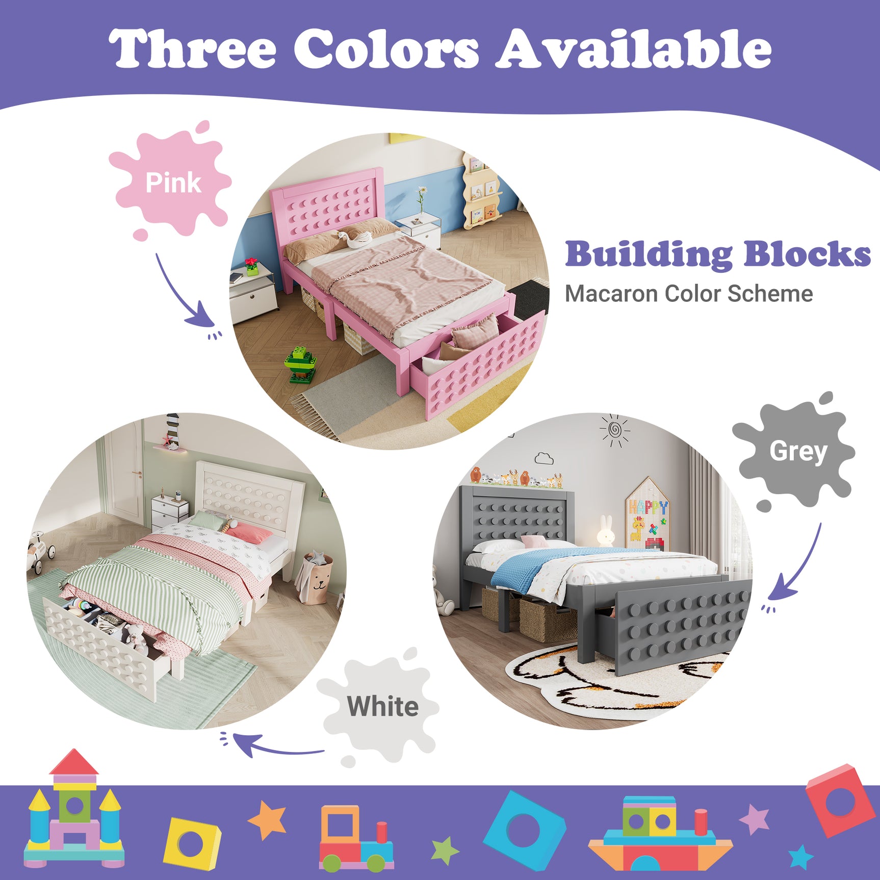 Pink child bed 90x200 cm with storage drawer and creative design in blocks, solid wood frame