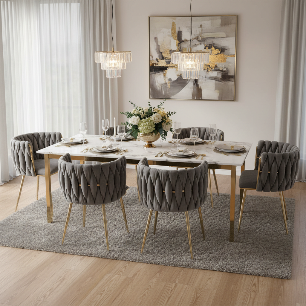 Elegant dining scene with gray velvet chairs