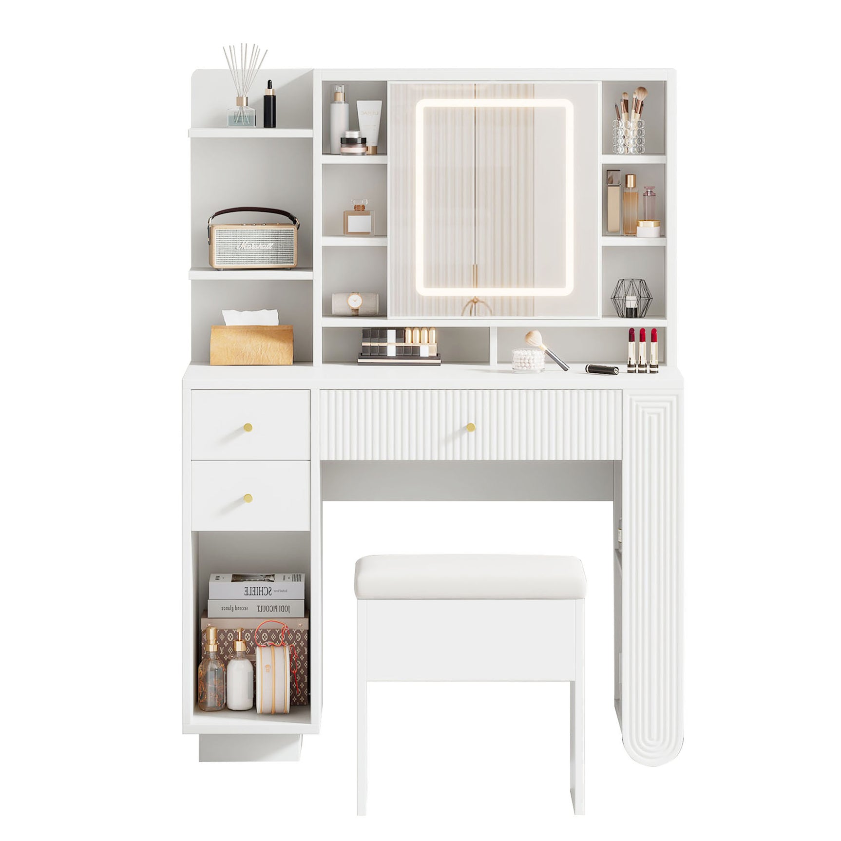 Coiffeuse moderne avec miroir éclairé & tabouret â€?Table de maquillage avec éclairage réglable, tiroirs & rangements ouverts