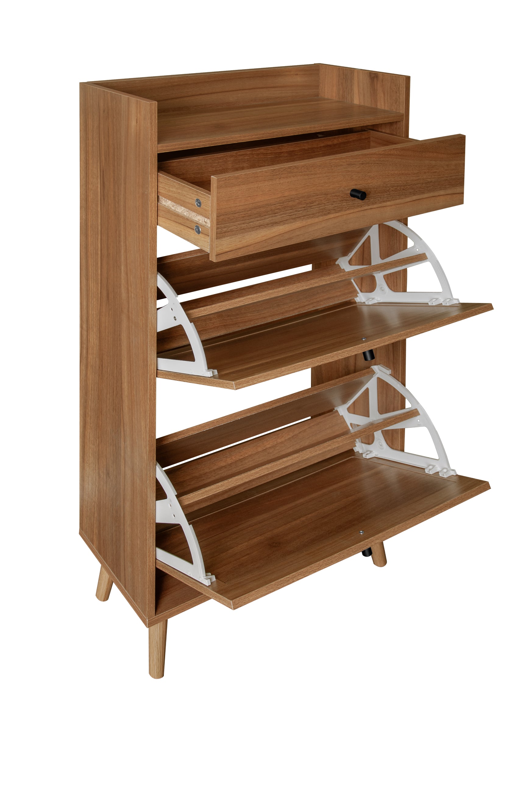 Meuble à chaussures en noyer 60x24x110 cm avec 2 portes en rotin, 1 tiroir et étagères réglables