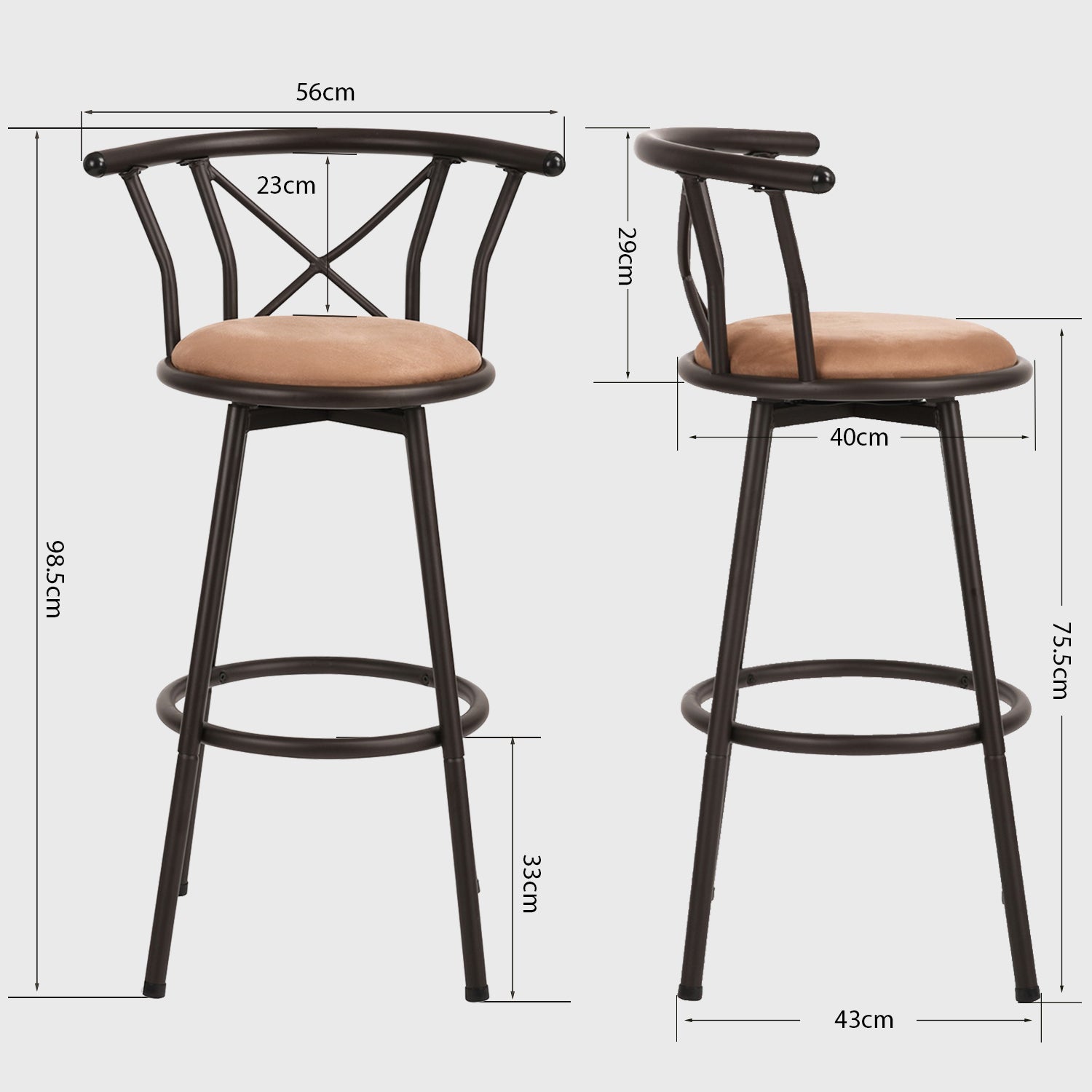 Lot de 2 tabourets de bar industriels pivotants avec dossier en tissu marron - HAILEY 29