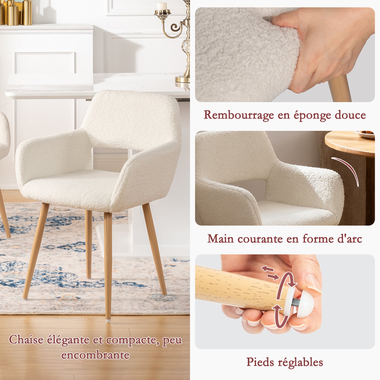 Lot de 2 fauteuils de salle à manger scandinaves avec accoudoirs en tissu mouton bouclette beige - CROMWELL