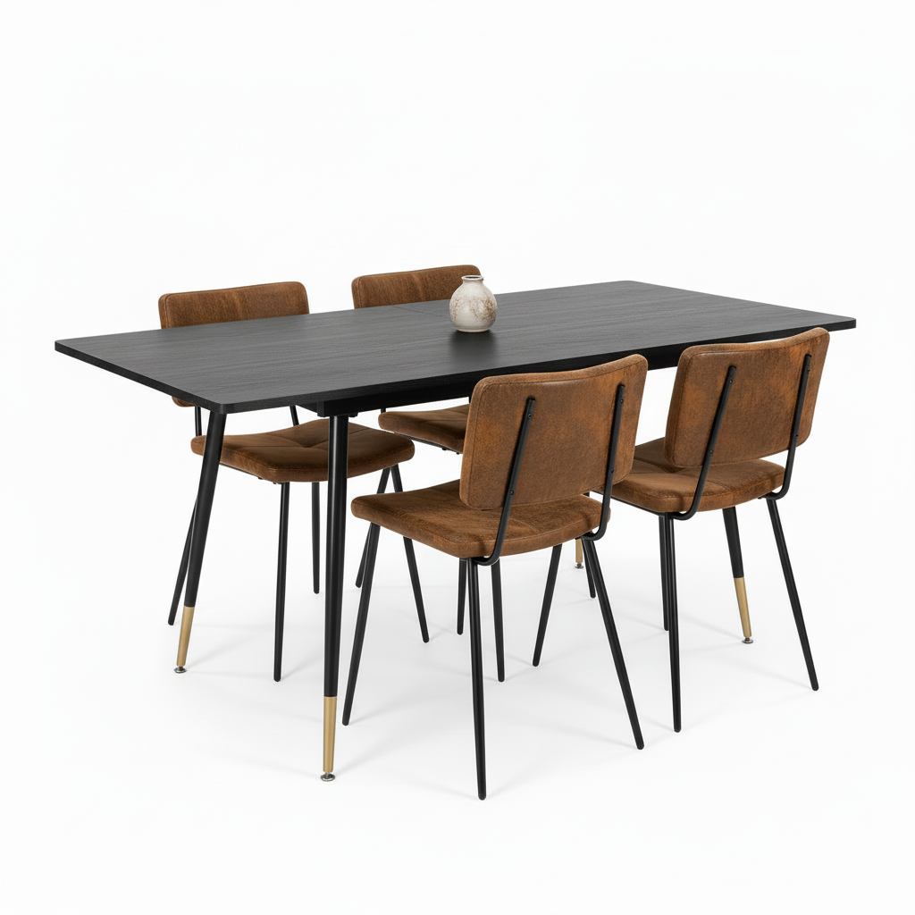 Round Table Table Table Table Timber Ø80 cm with 4 black velvet chairs, modern and comfortable style