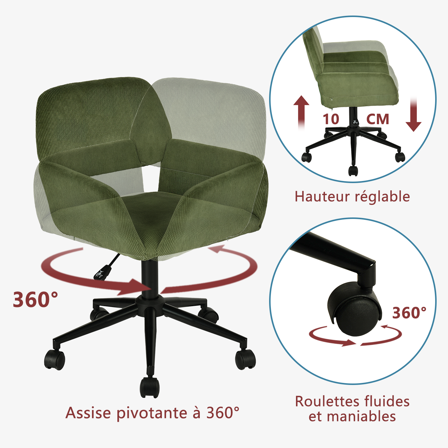 Ensemble avec table d’appoint noire pliable et fauteuil de bureau en velours côtelé vert olive âââââââ€?BASELINE & ROSS
