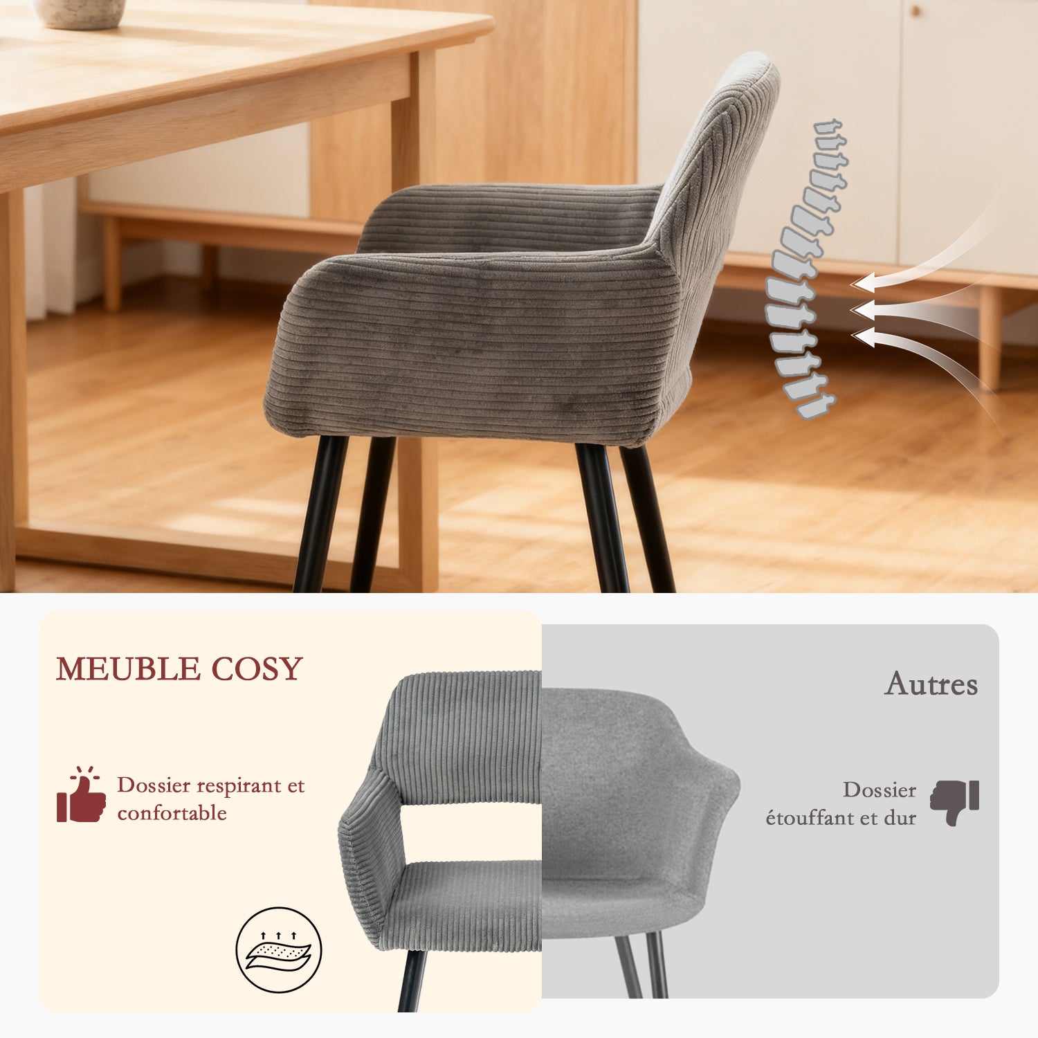 Set 6 skandinavischer Esszimmer Sessel mit grauen Samtarmlehnen - Cromwell Cord