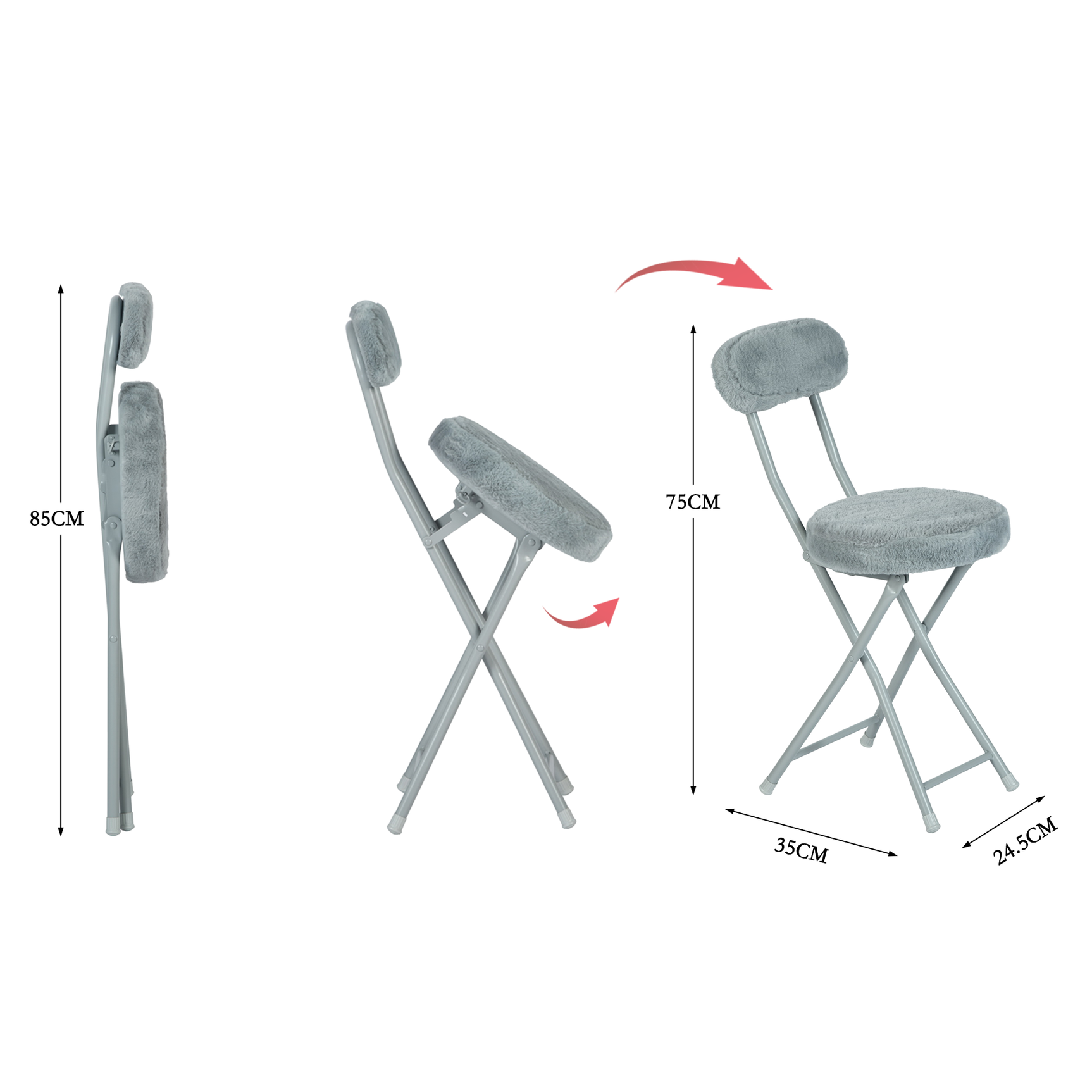 Lot de 4 chaises/tabourets pliantes, assise ronde en tissu effet fausse fourrure grise - ERNST