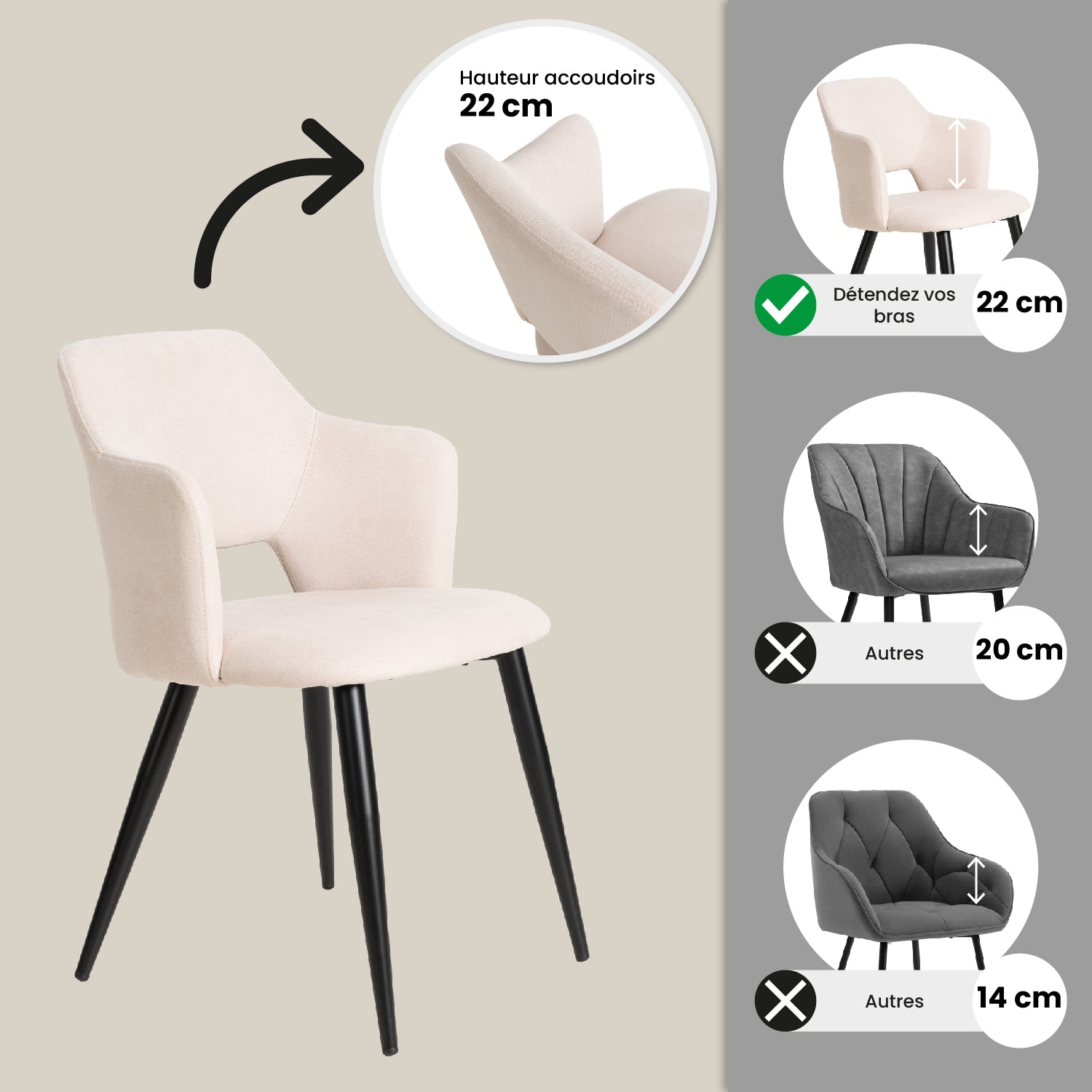 Ensemble table à manger extensible noire et 6 fauteuils en tissu beige de style scandinave