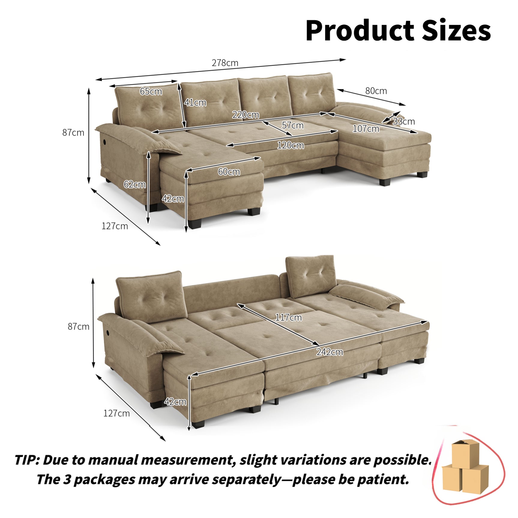 Canapé-lit U-forme Camel, Sectionnel Modulable Convertible, Chenille Moderne avec USB, Accoudoirs Amovibles