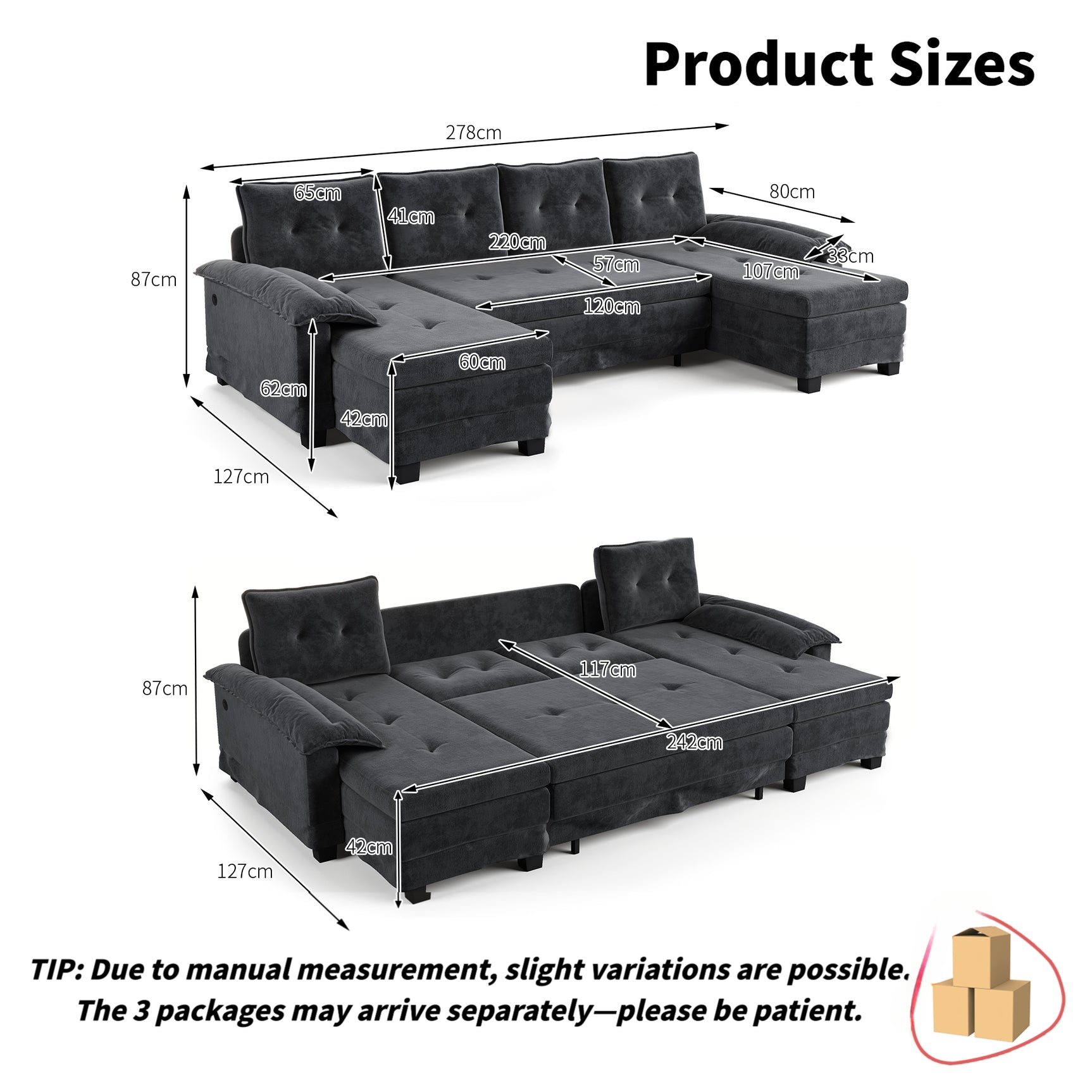 Canapé-lit gris en forme de U en chenille – Canapé modulaire au design moderne avec accoudoirs amovibles et port USB