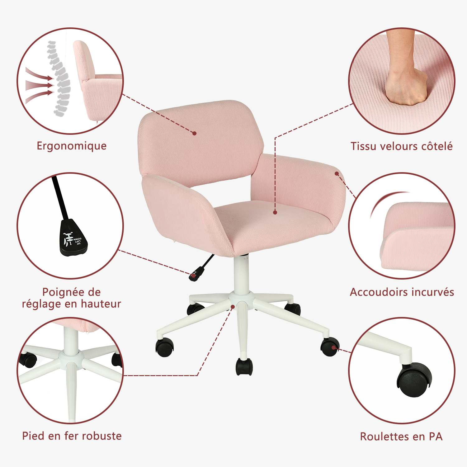 Ensemble bureau pliable en métal noir et fauteuil de bureau en velours côtelé rose âââââââ€?ASCOLI & ROSS