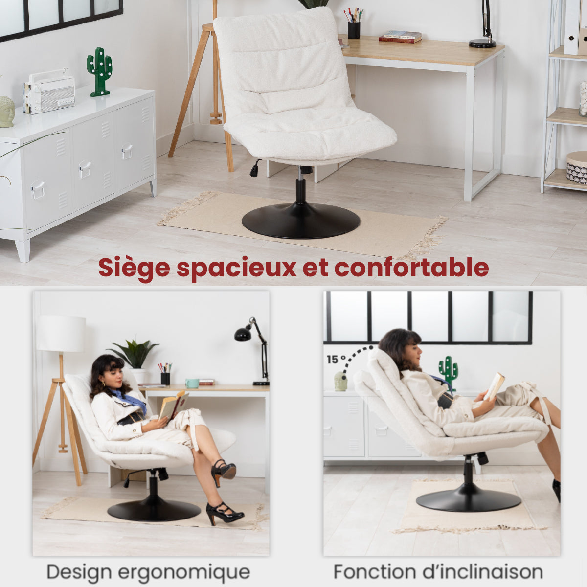 Fauteuil de loisirs réglable tissu mouton bouclette blanc pivotant à 360° - LAMBERY
