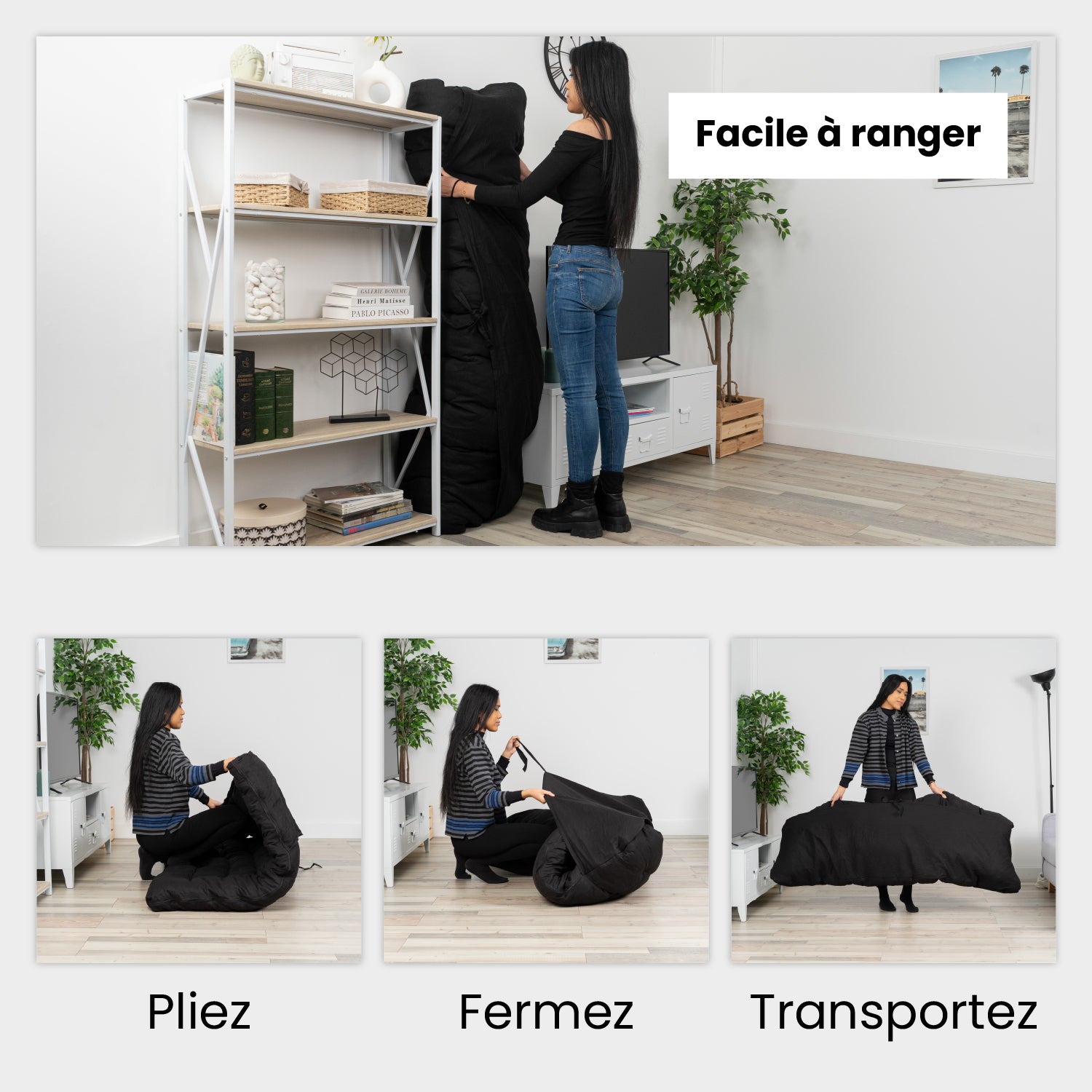 Tragbare faltbare Futonmatratze für 2 Personen, schwarz, 135 x 190 x 10 cm – MICA
