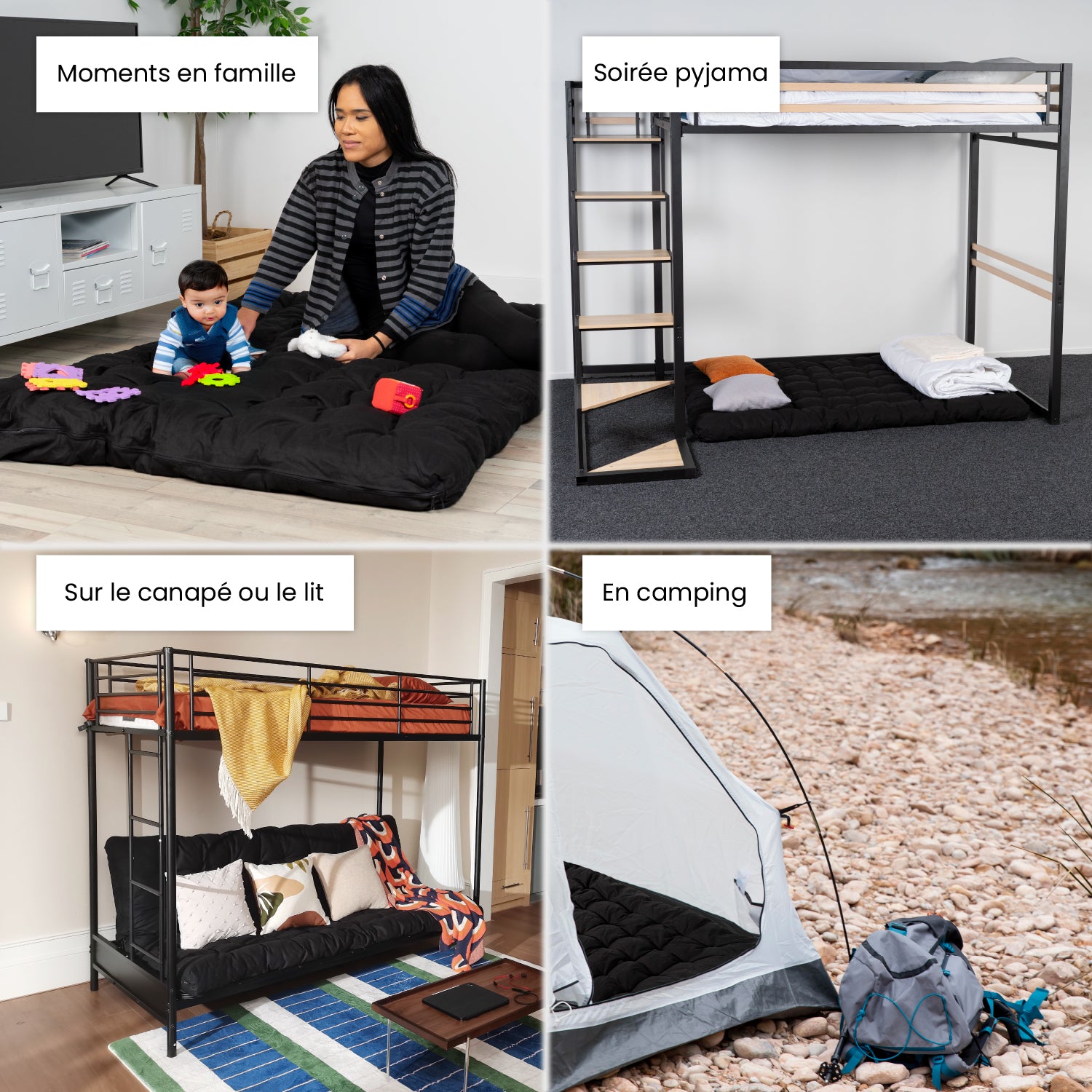 Tragbare faltbare Futonmatratze für 2 Personen, schwarz, 135 x 190 x 10 cm – MICA