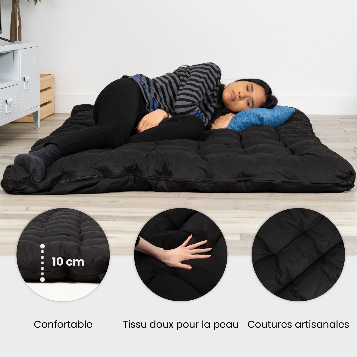 Tragbare faltbare Futonmatratze für 2 Personen, schwarz, 135 x 190 x 10 cm – MICA