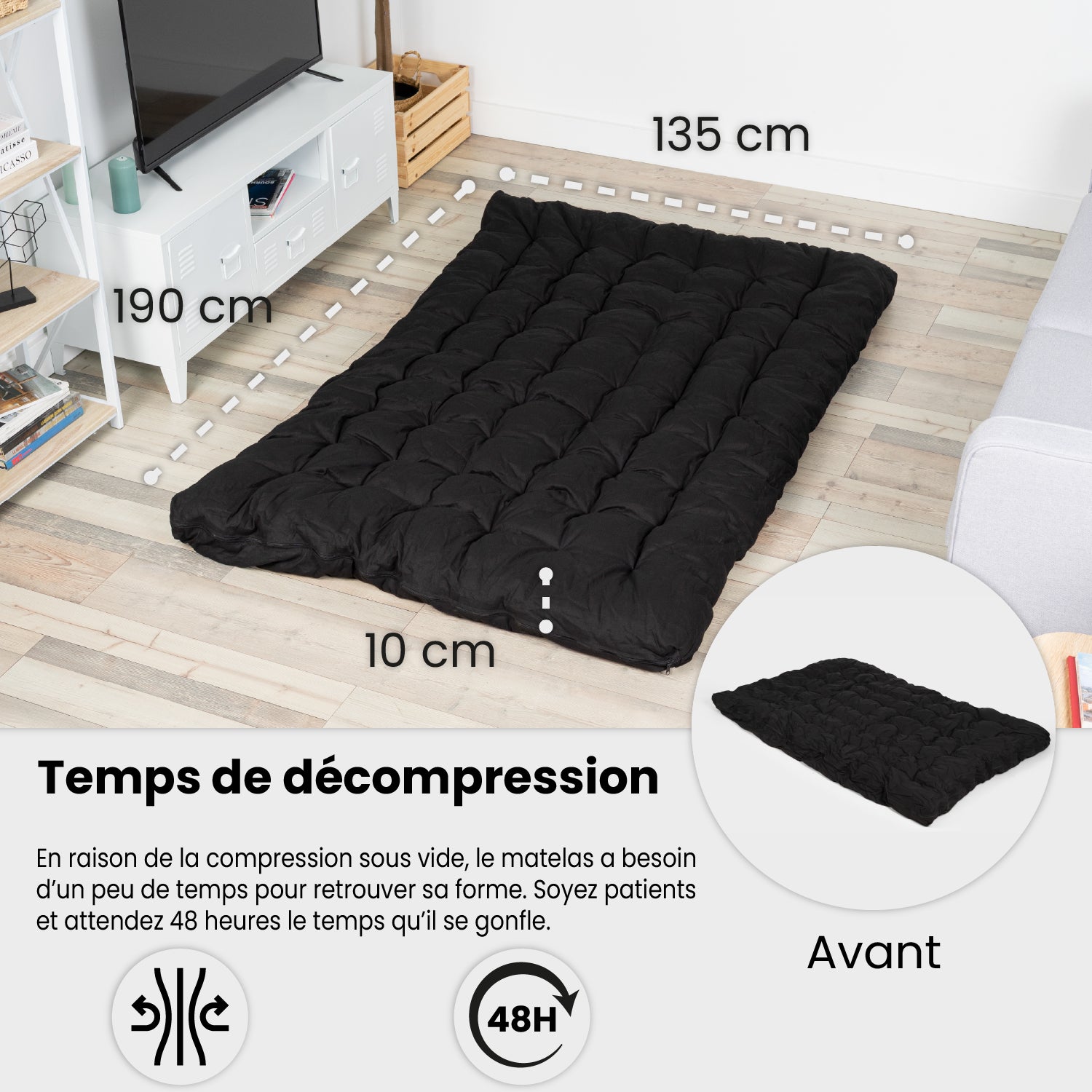Tragbare faltbare Futonmatratze für 2 Personen, schwarz, 135 x 190 x 10 cm – MICA
