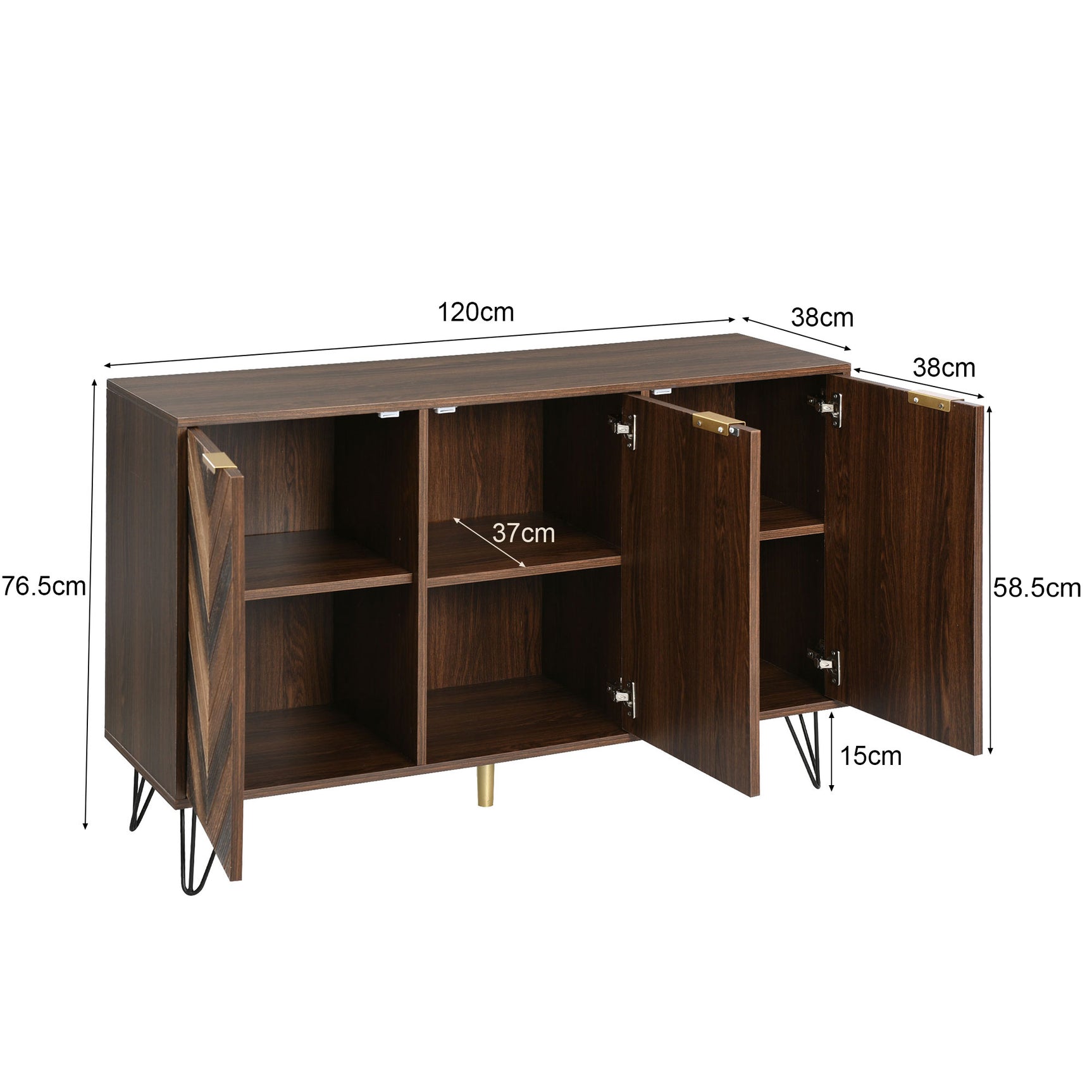 Sideboard exclusif 120x38x76,5 cm à 3 portes en placage de bois massif, griffes dorées et pieds en fer, idéal pour salon et salle à manger