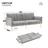 2-seater sofa bed in dark gray fabric with side pockets, modern convertible sofa