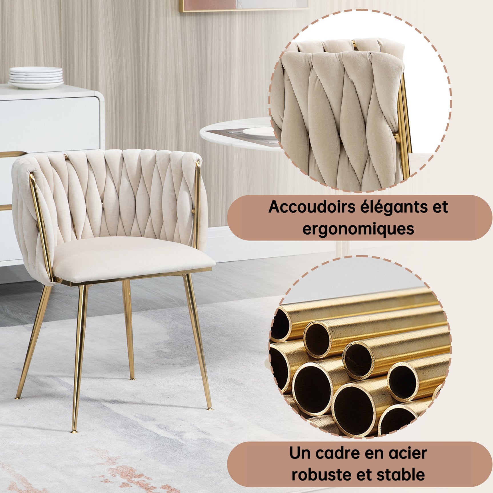 Lot de 2 Chaises en Velours Luxueuses Chaises à Dos Tressé avec Pieds Métal Doré pour Salon Chambre à Coucher Salle à Manger