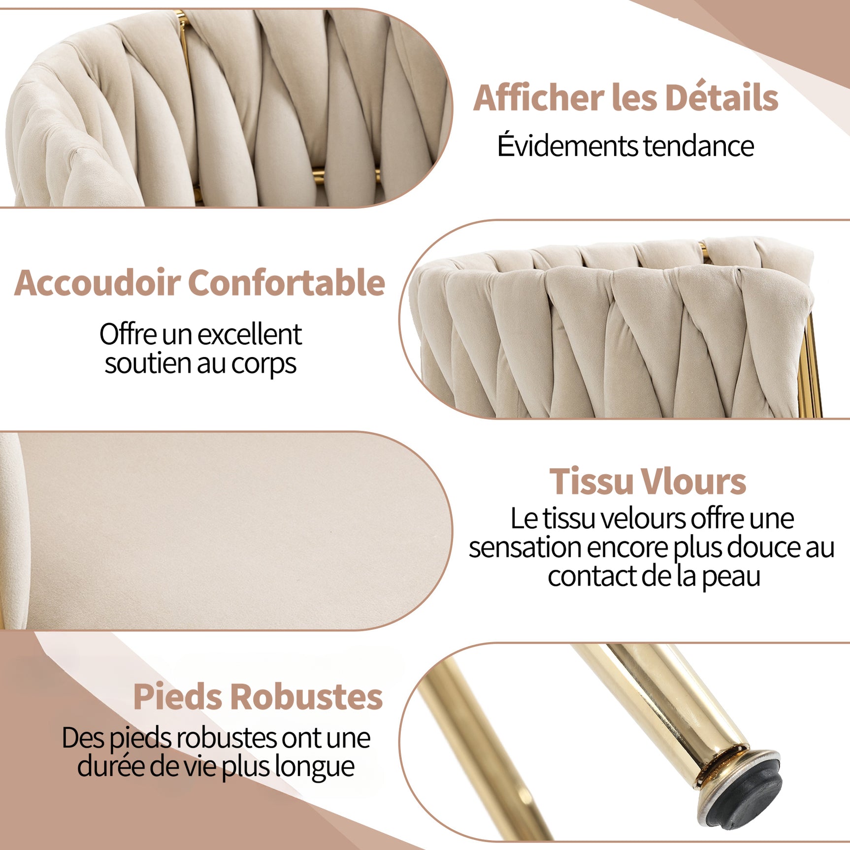 Lot de 2 Chaises en Velours Luxueuses Chaises à Dos Tressé avec Pieds Métal Doré pour Salon Chambre à Coucher Salle à Manger