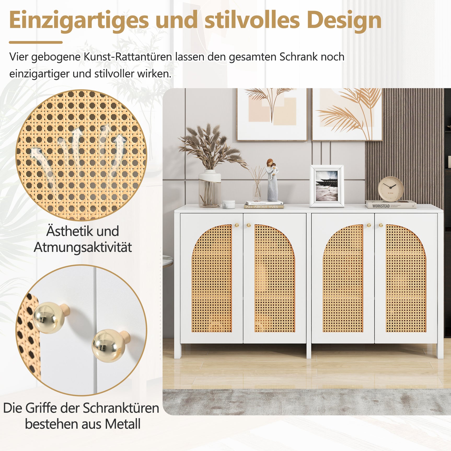 Modernes weißes Buffet in MDF mit 4 Pe -Rattan -Türen und Metallgriffen