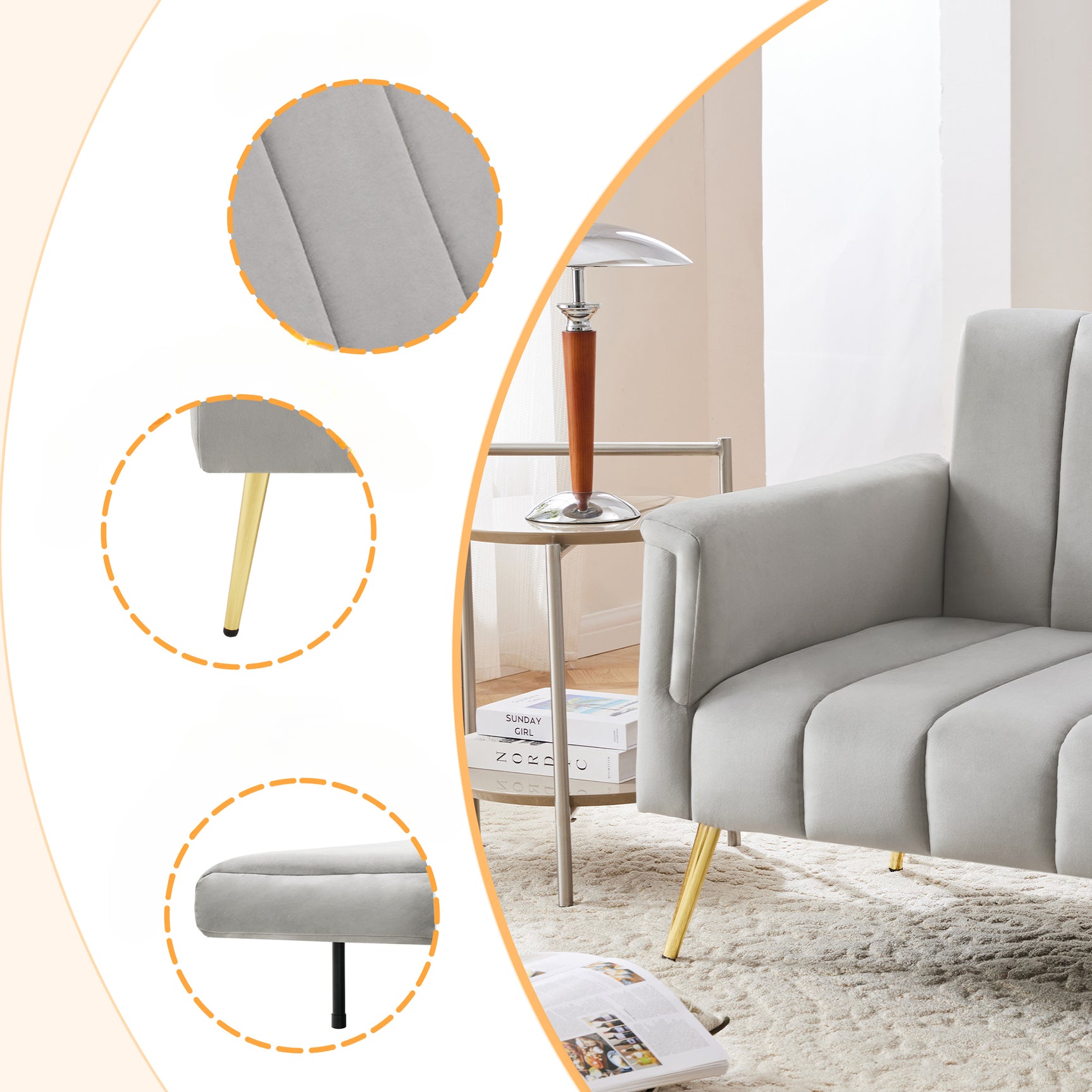 2-seater sofa bed in dark gray fabric with side pockets, modern convertible sofa