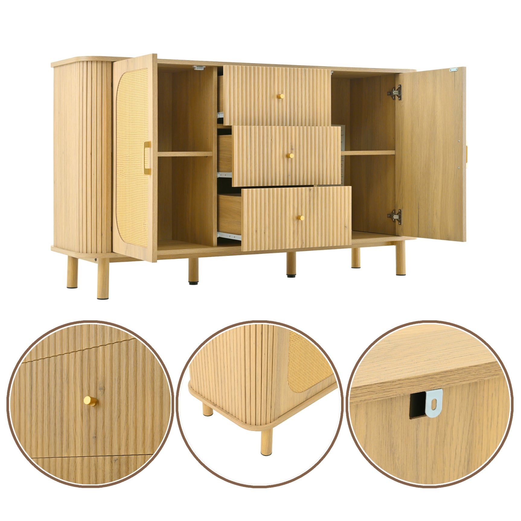 Sideboard Moderne à Rattan et Métal Meuble de Salon avec Schublades Onde 3D et Portes Halbovales Optique de Bois
