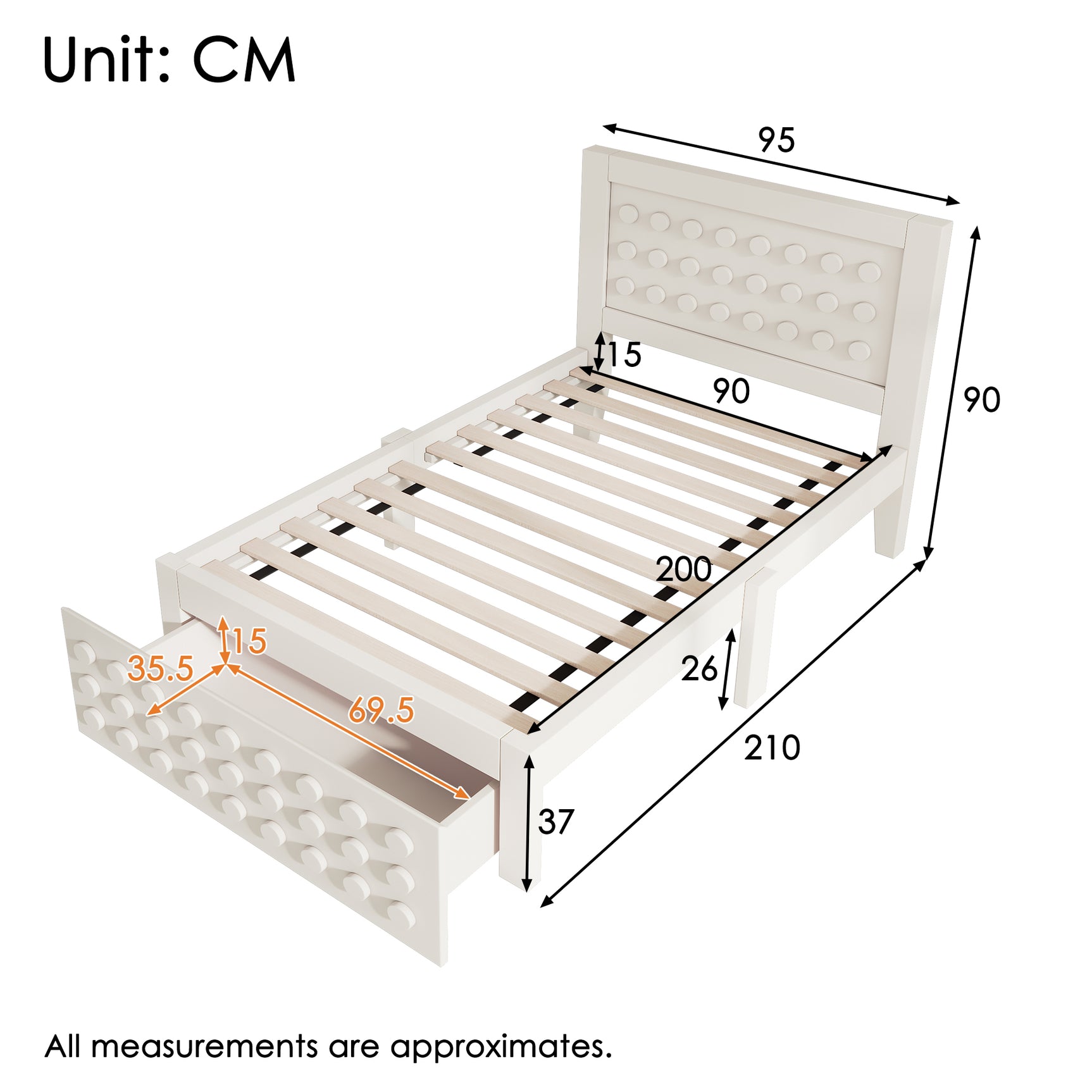 White child bed 90x200 cm with storage drawer and creative design in blocks, solid wood frame