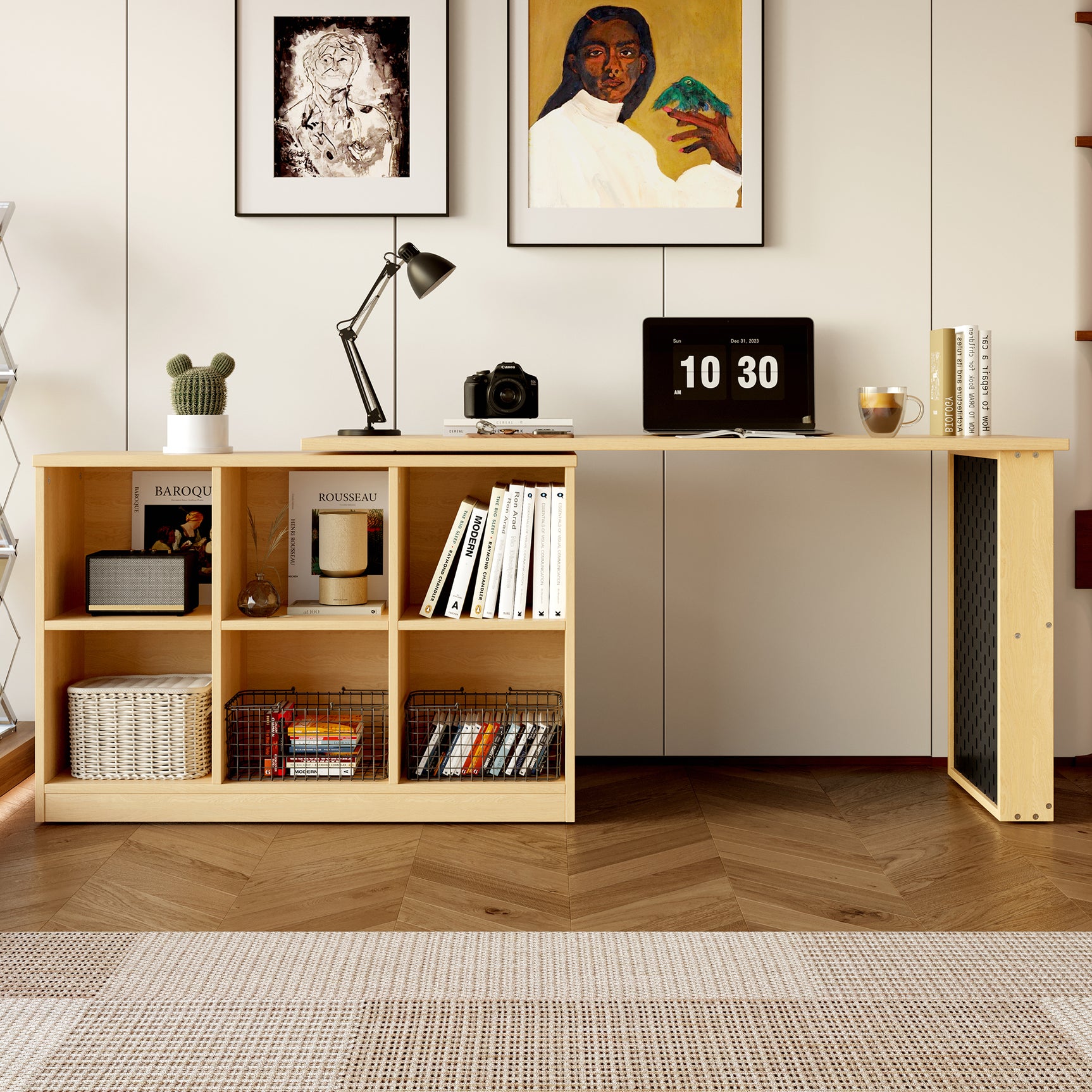 Multifunctional desk 140x104x75 cm in MDF wood with 6 storage compartments, thick tray, shelf and perforated metallic panel
